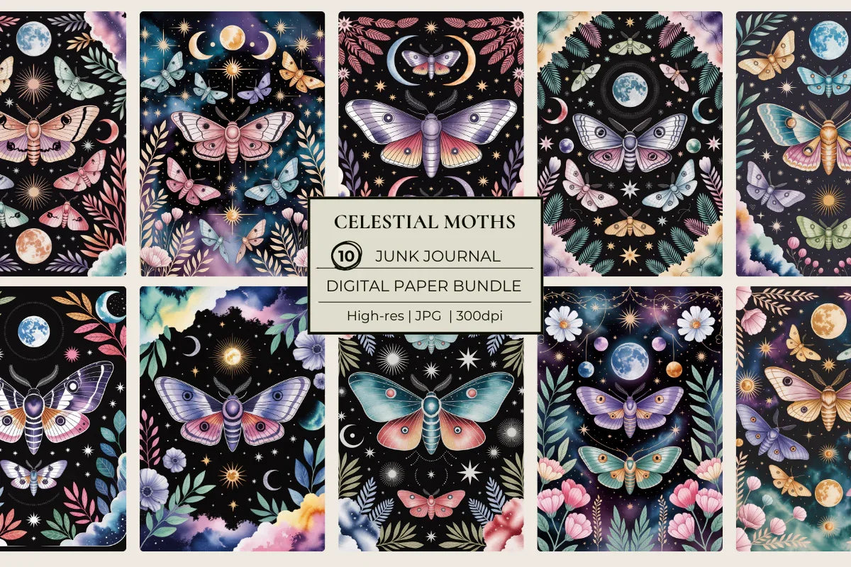 Celestial Moths Junk Journal Papers - CraftNest - Digital Crafting and Art