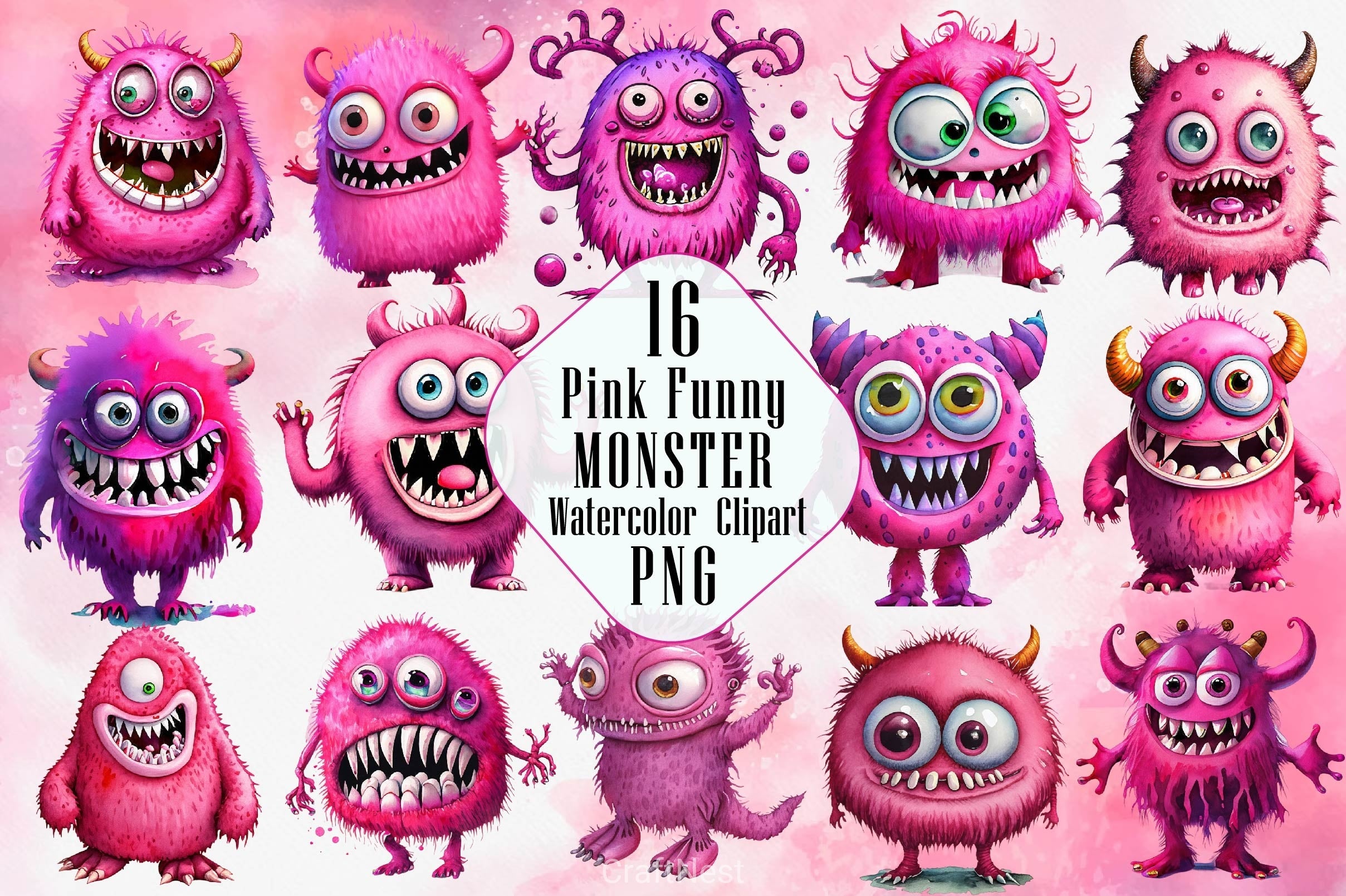 Pink Funny Monster 3D Clipart Bundle