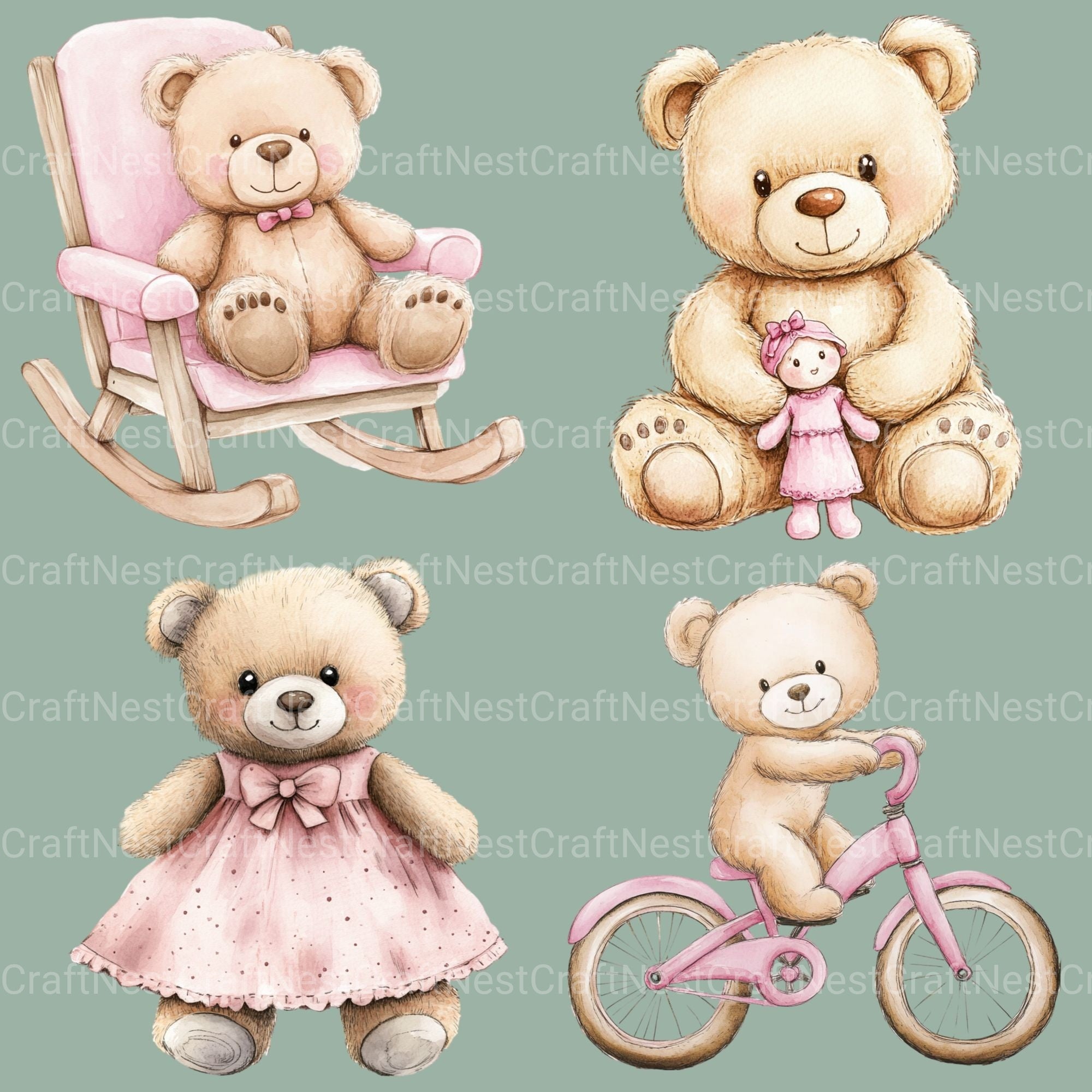 Pink Teddy Bear Clipart Bundle