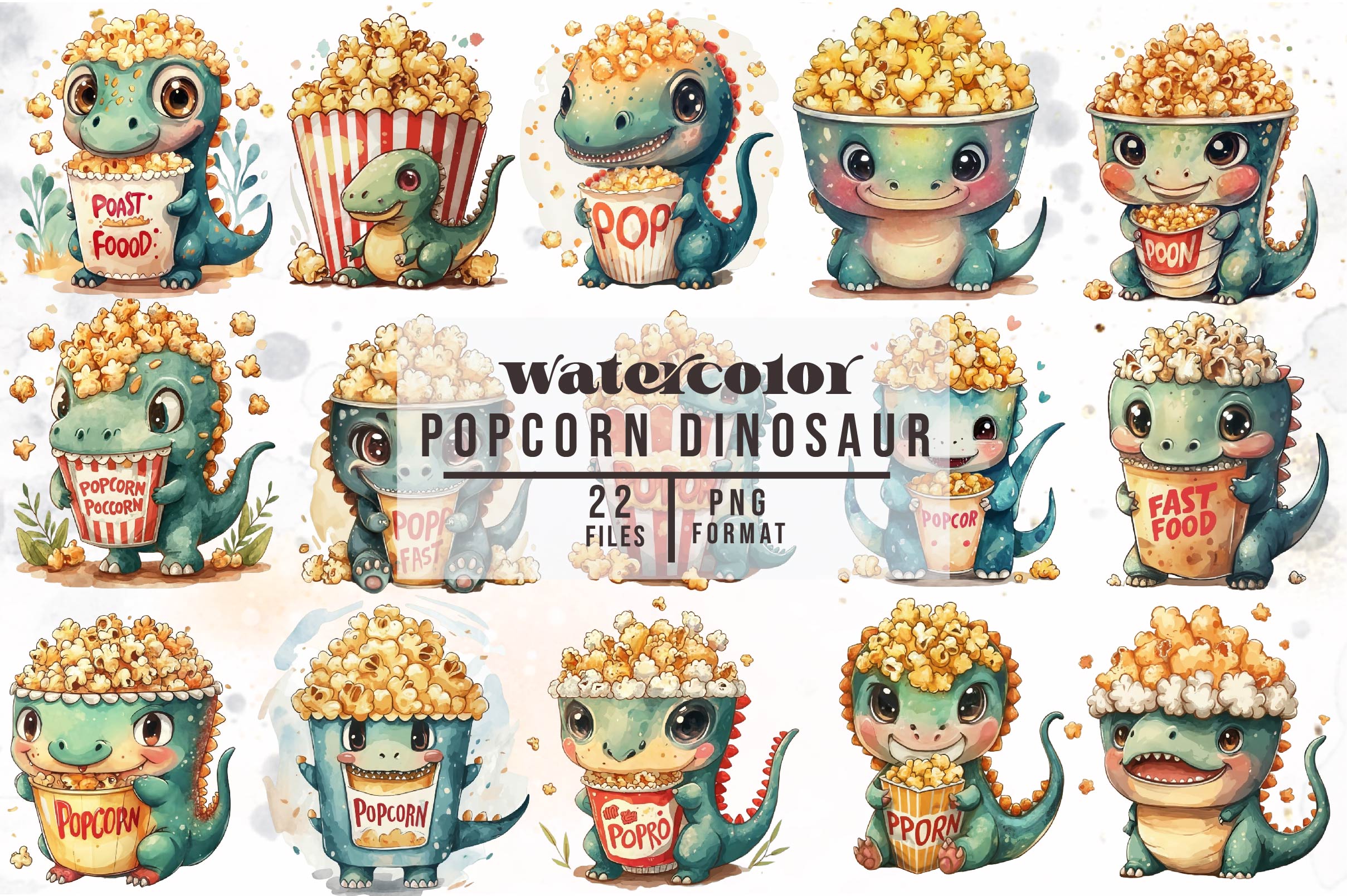 Cute Popcorn Dinosaur Fast Food Clipart Bundle