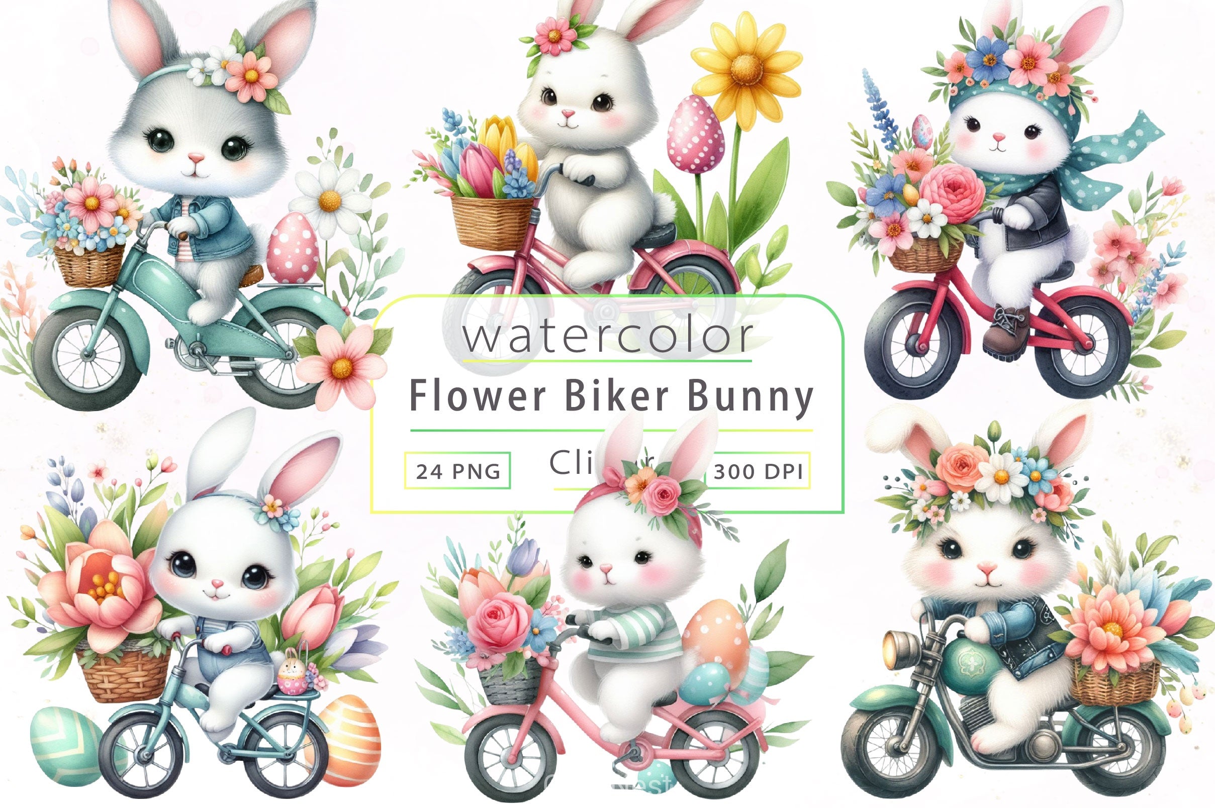 Easter Flower Biker Bunny Clipart Bundle