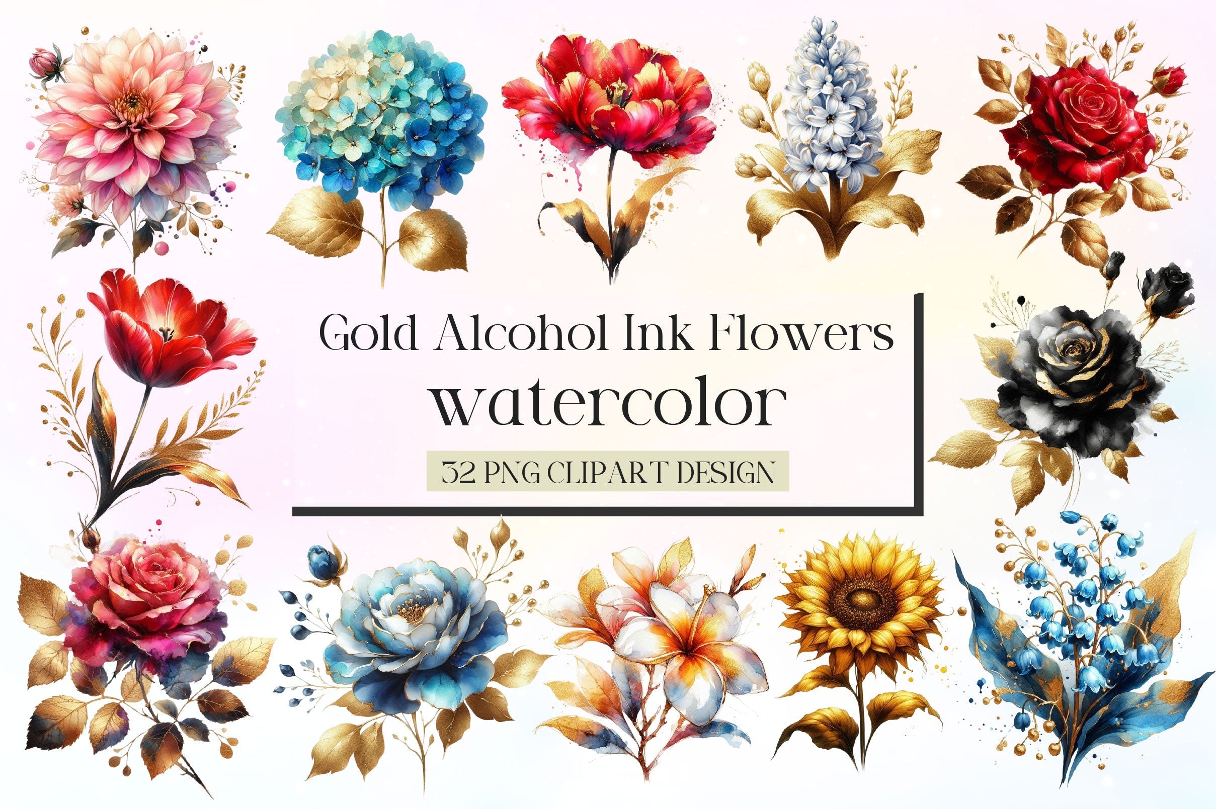 Gold Alcohol Ink Flowers Clipart Bundle