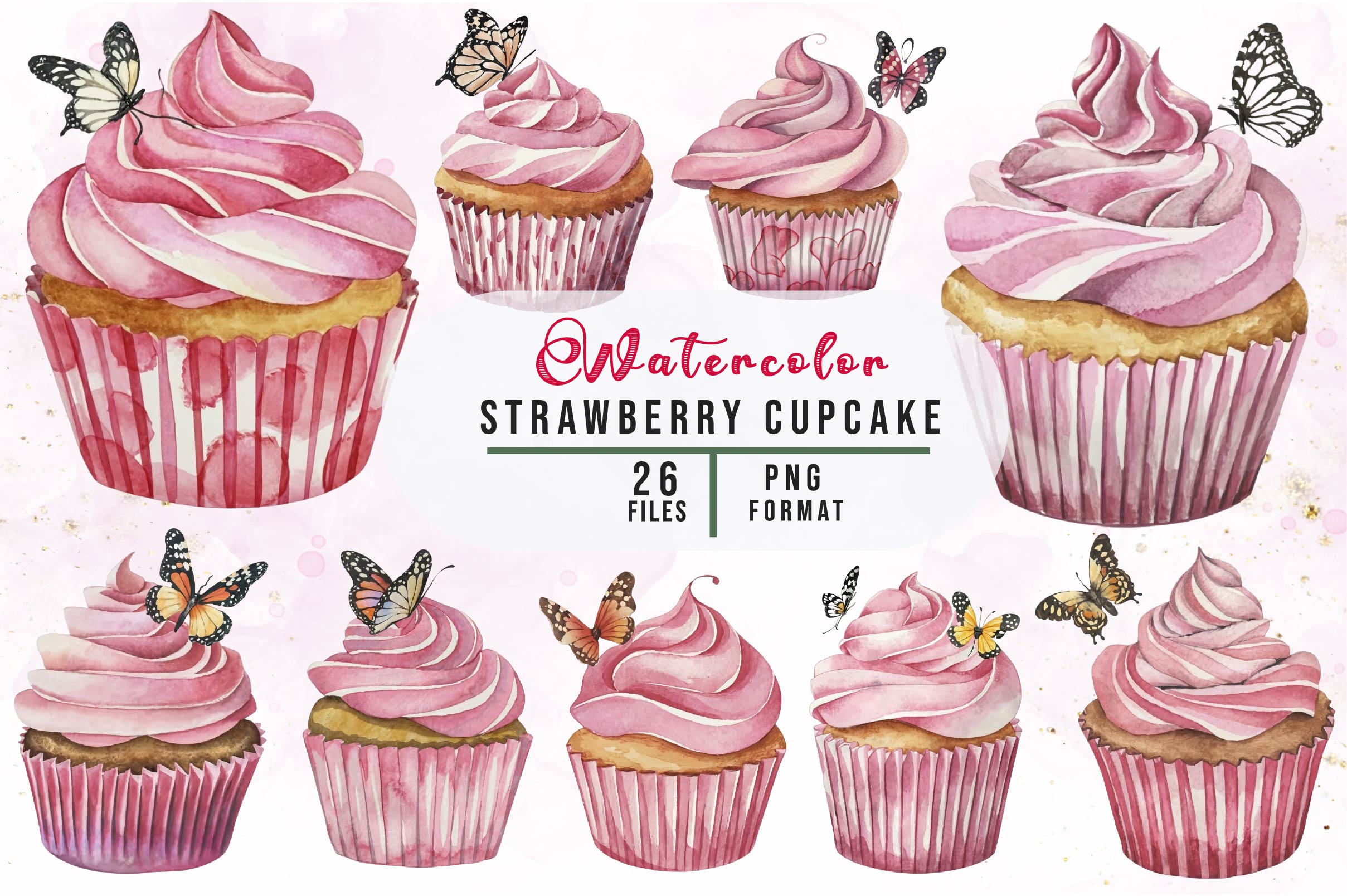 Strawberry Cupcake Set Clipart Bundle