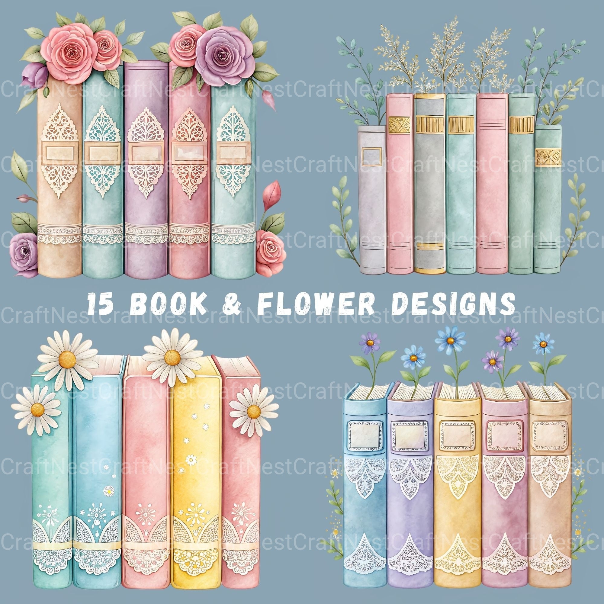 Books N Flowers Clipart Bundle