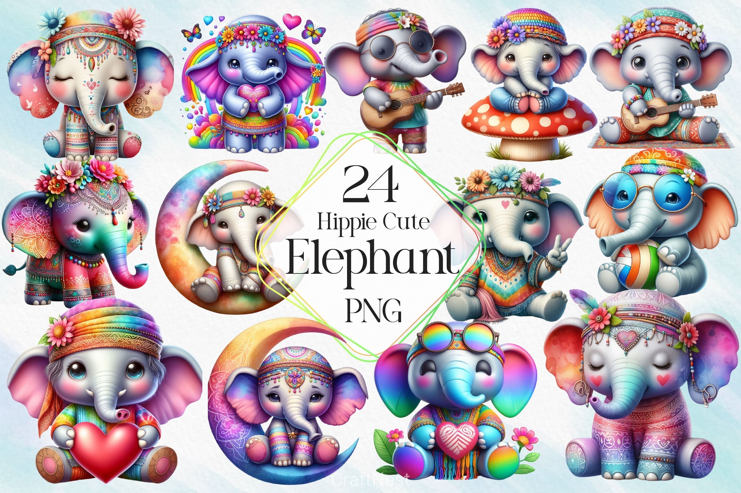 Hippie Cute Elephant Clipart Bundle