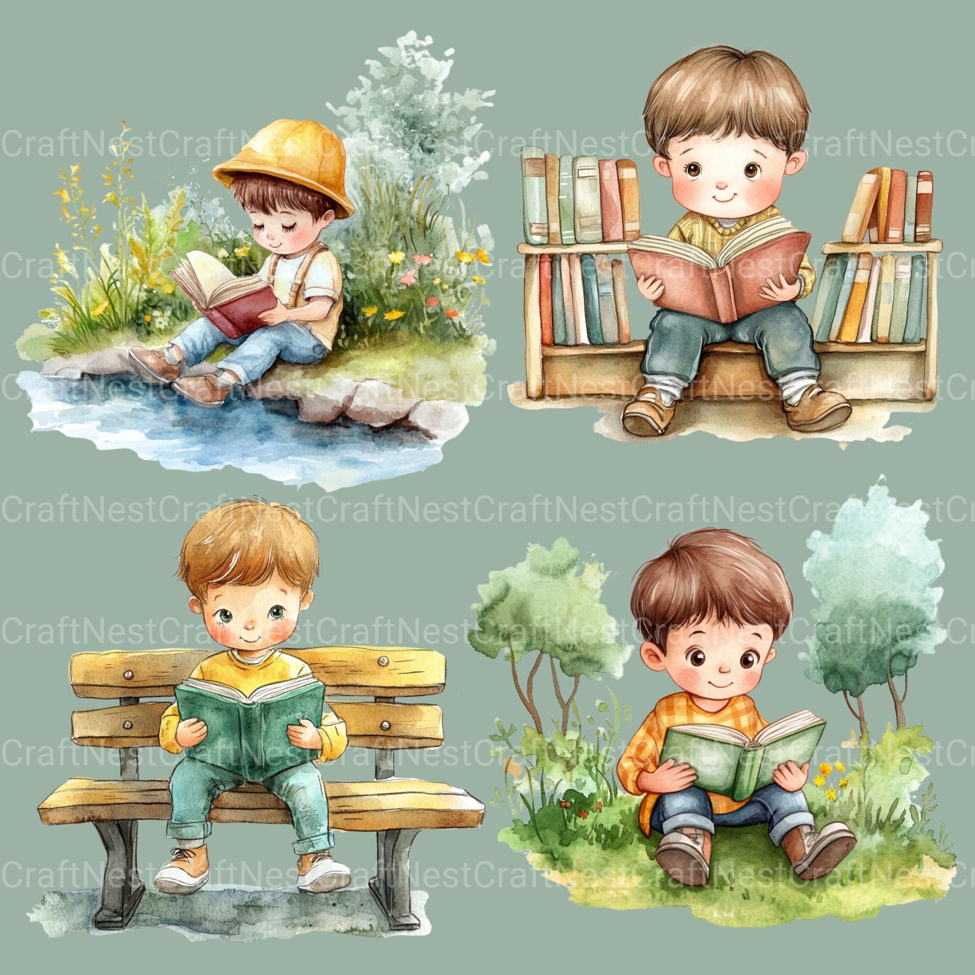 Children Reading Clipart Bundle