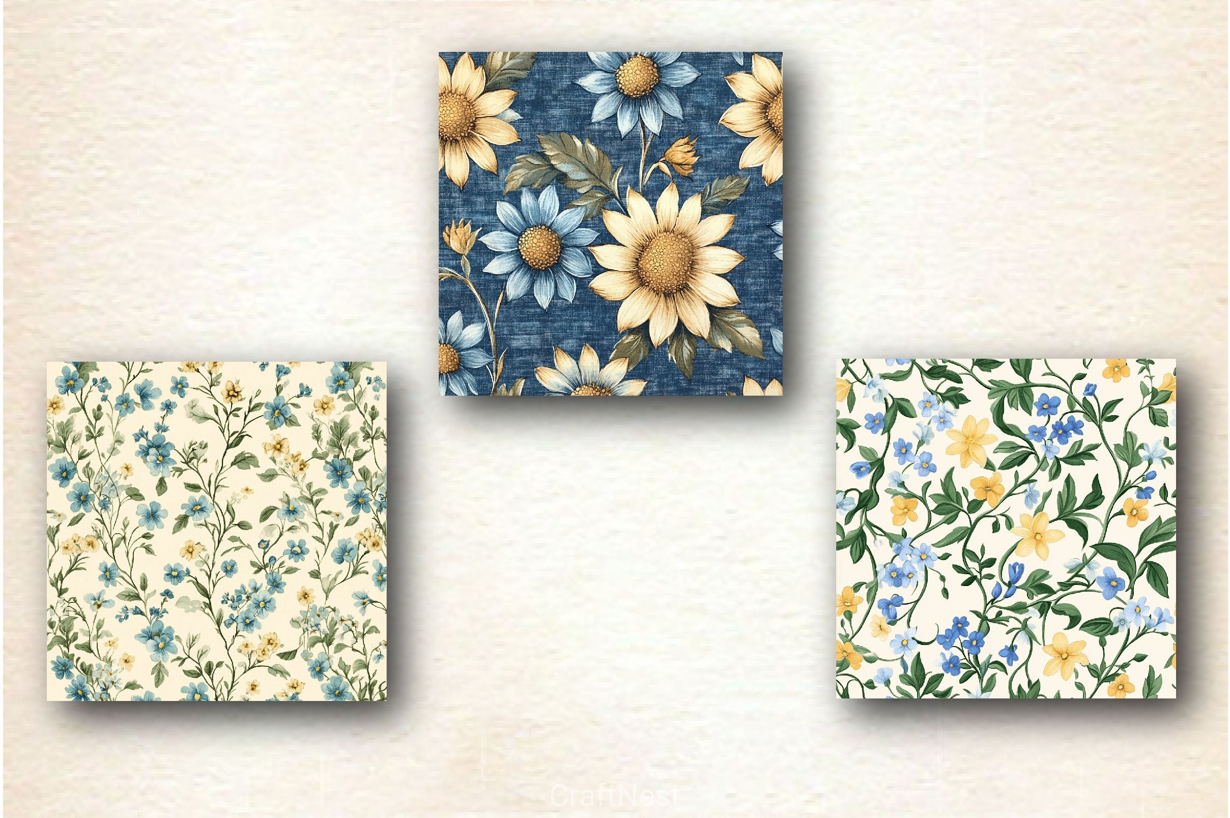 Blue Yellow Cottagecore Flowers Pattern Clipart Bundle