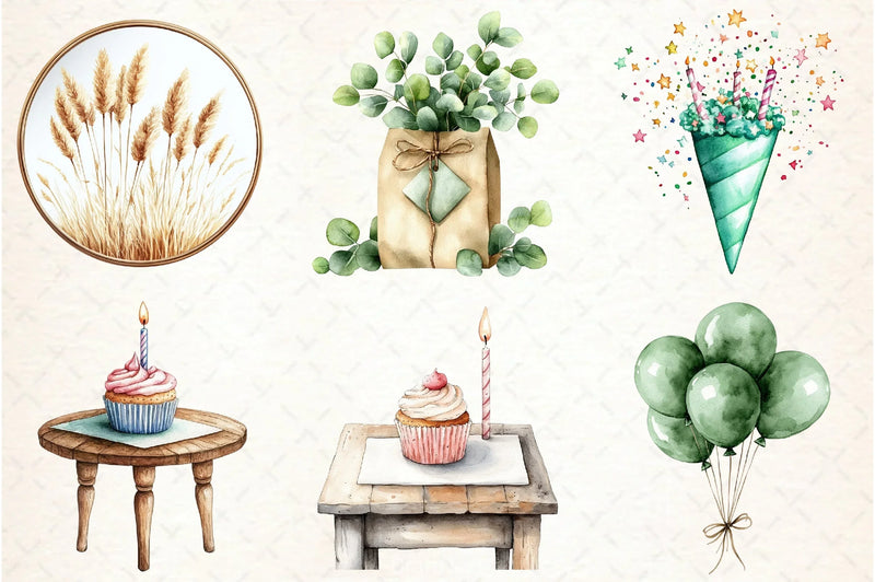 Boho Sage Green Birthday Clipart Bundle - CraftNest - Digital Crafting and Art