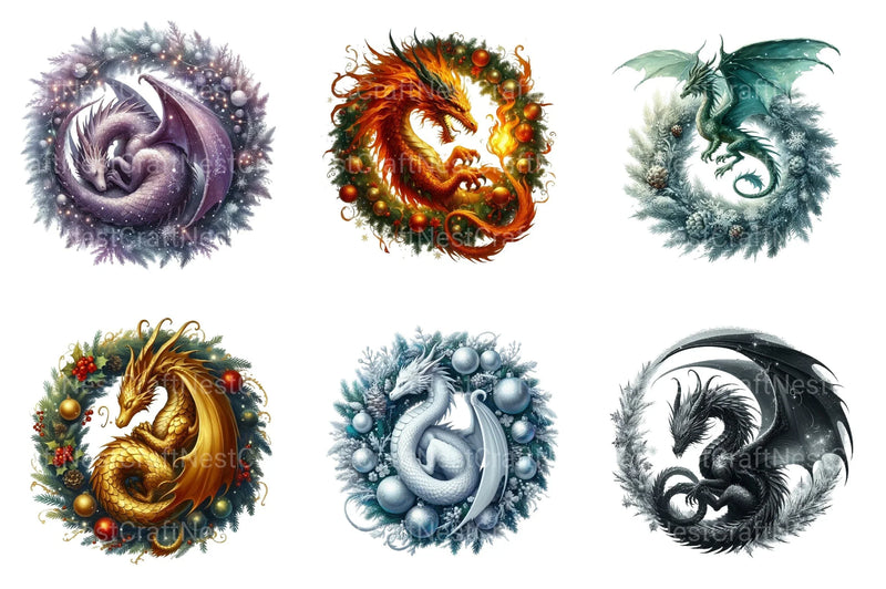 Christmas Dragons Holiday Wreath Clipart Bundle - CraftNest - Digital Crafting and Art