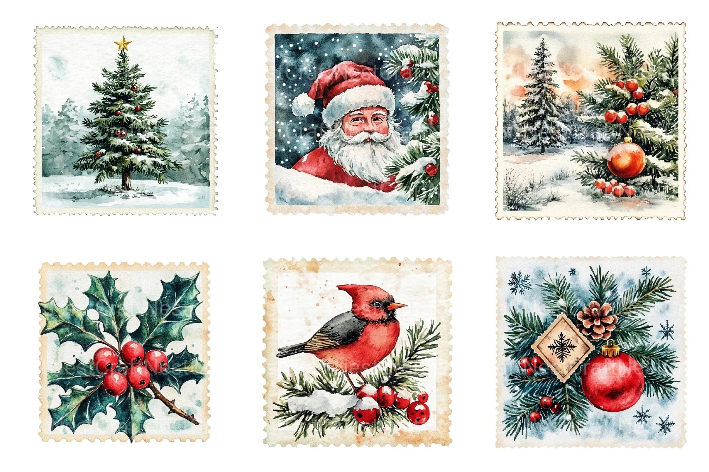 Vintage Christmas Stamps: Retro Santa, Snowman, Tree Clipart Bundle 98 - CraftNest - Digital Crafting and Art