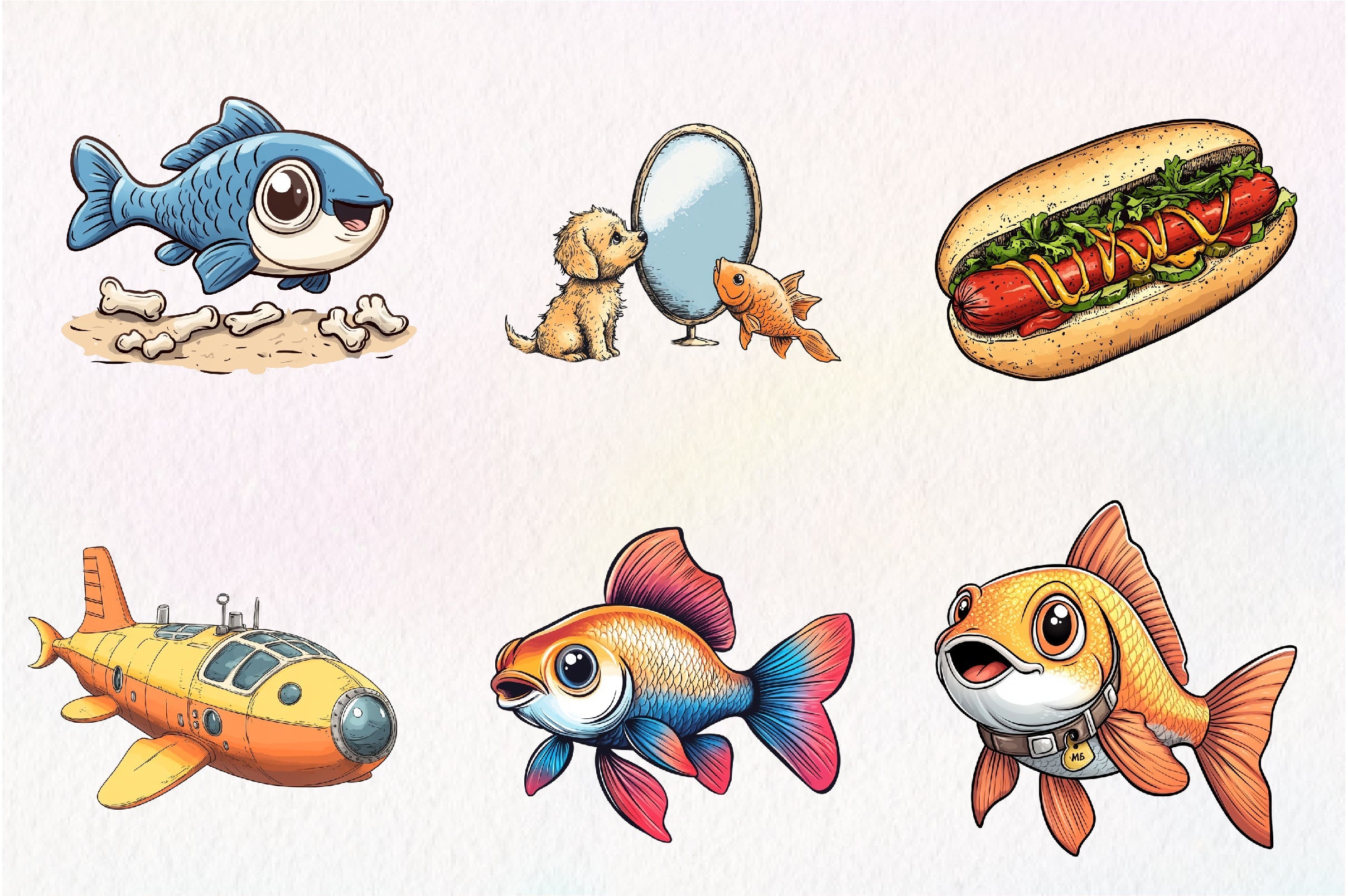 Quirky Dog And Fish Clipart Bundle