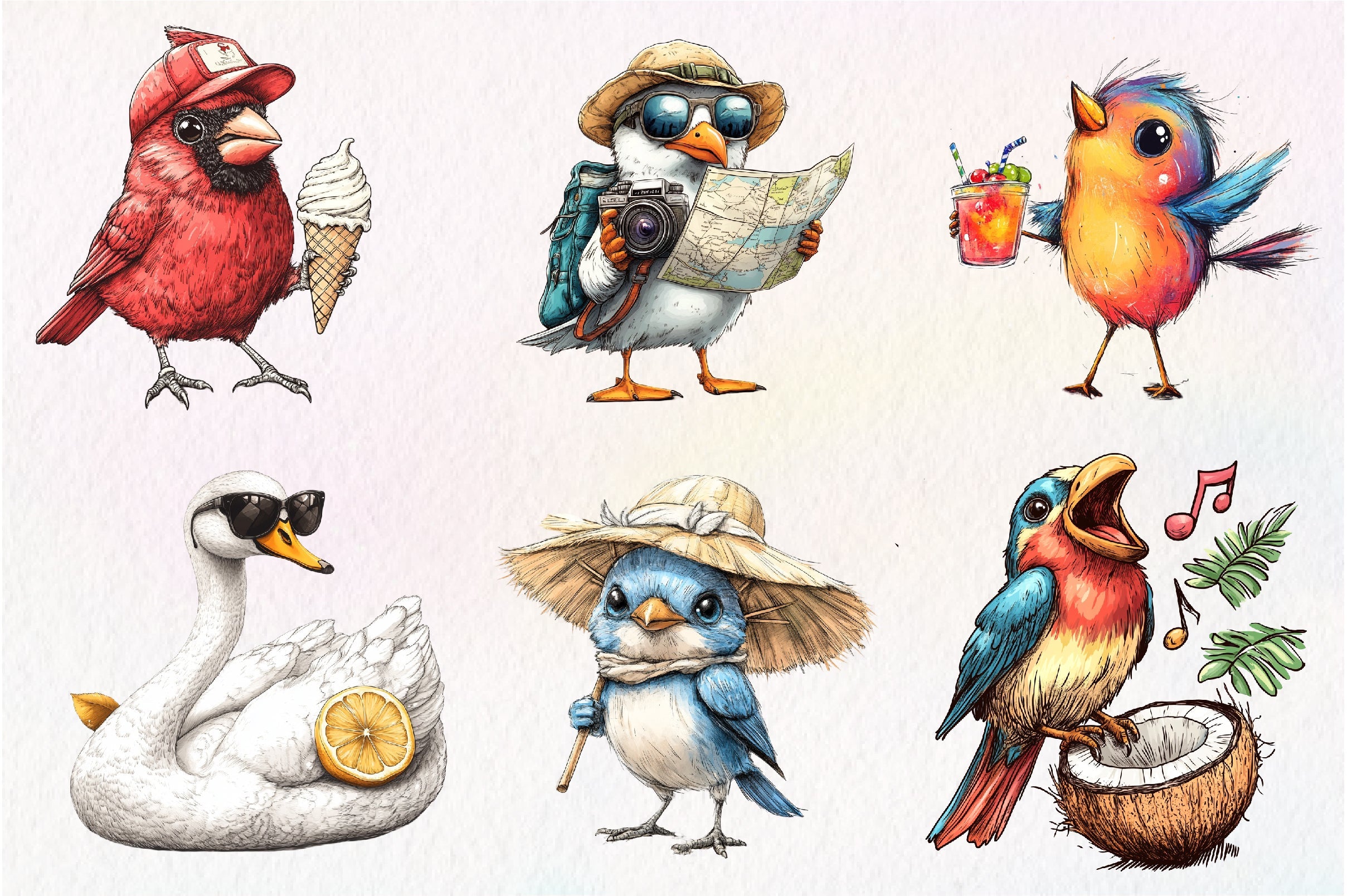 Quirky Whimsical Summer Birds Clipart Bundle