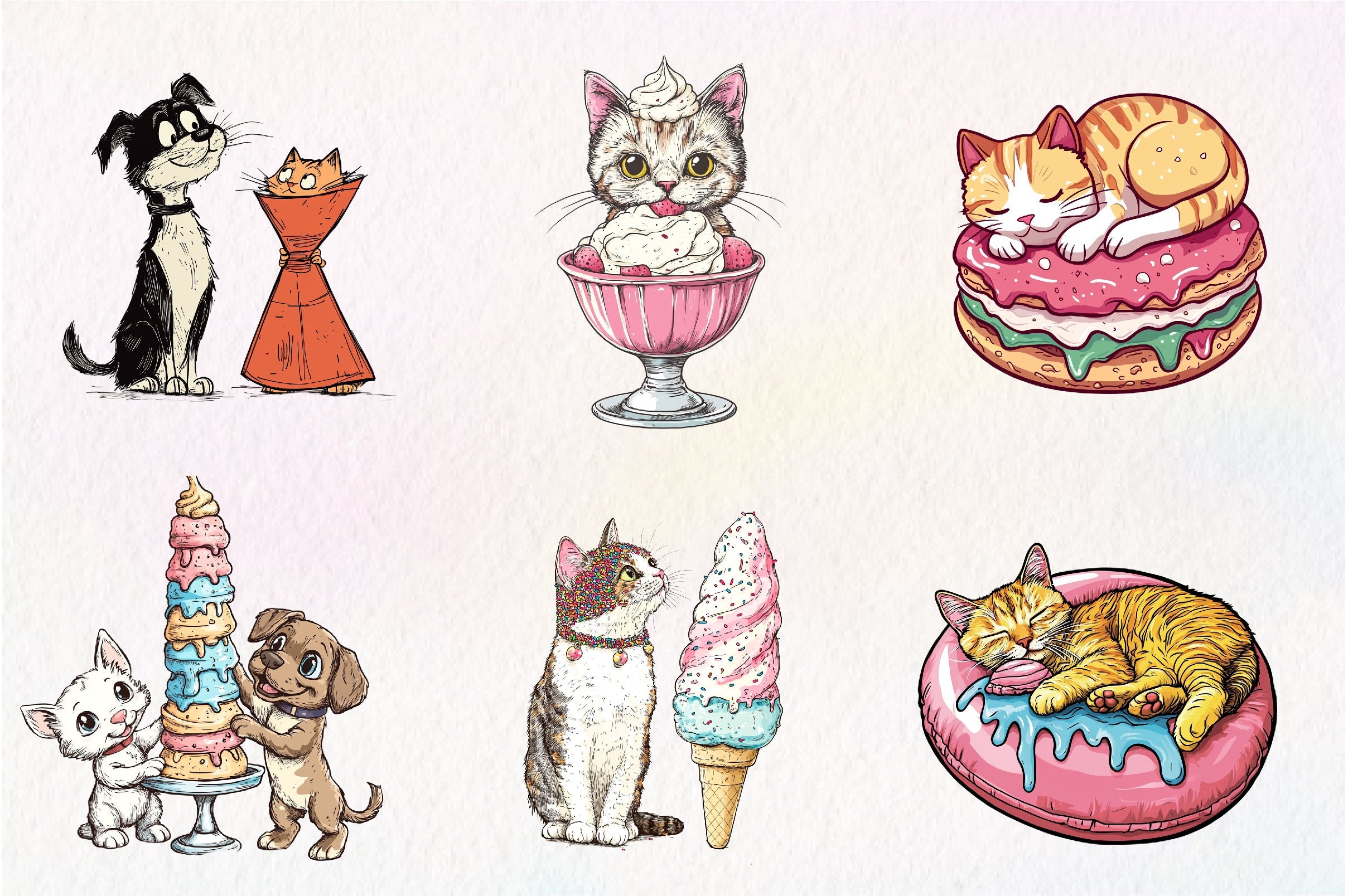 Funny Dog And Cat Love Ice Cream Clipart Bundle