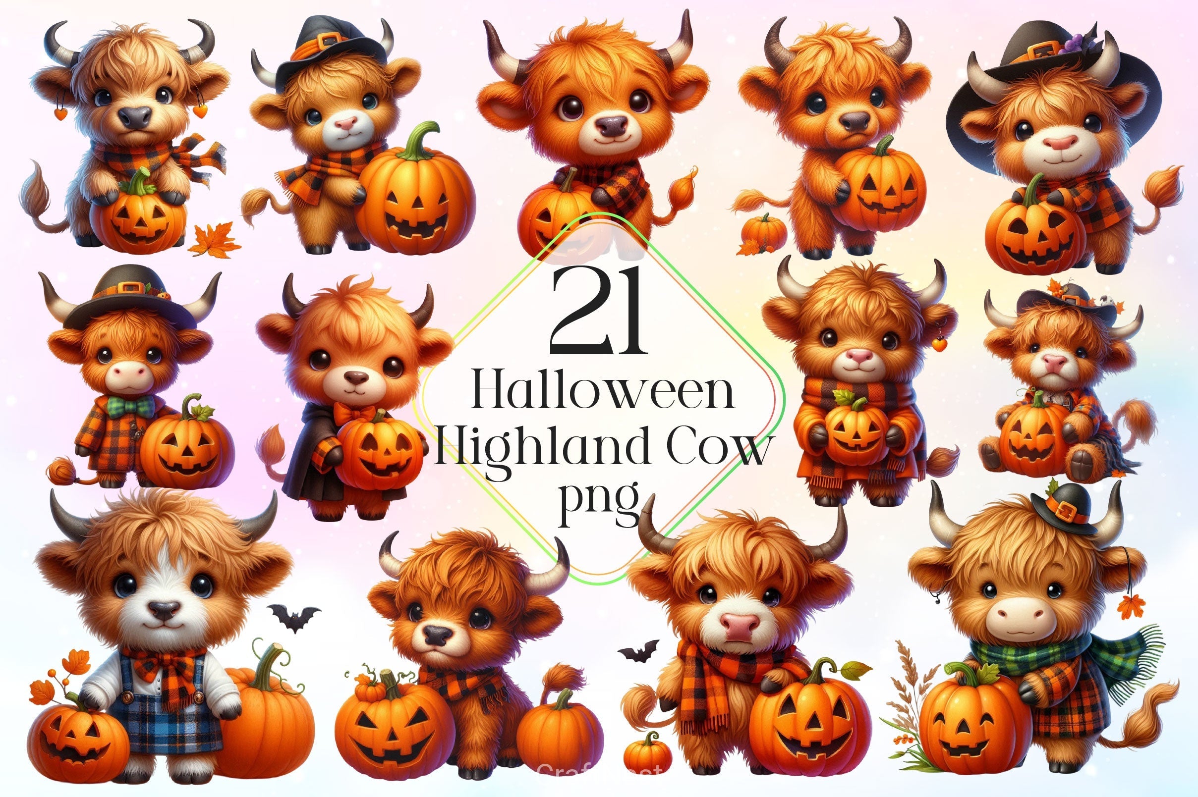 Cute Highland Cow Halloween Clipart Bundle 2
