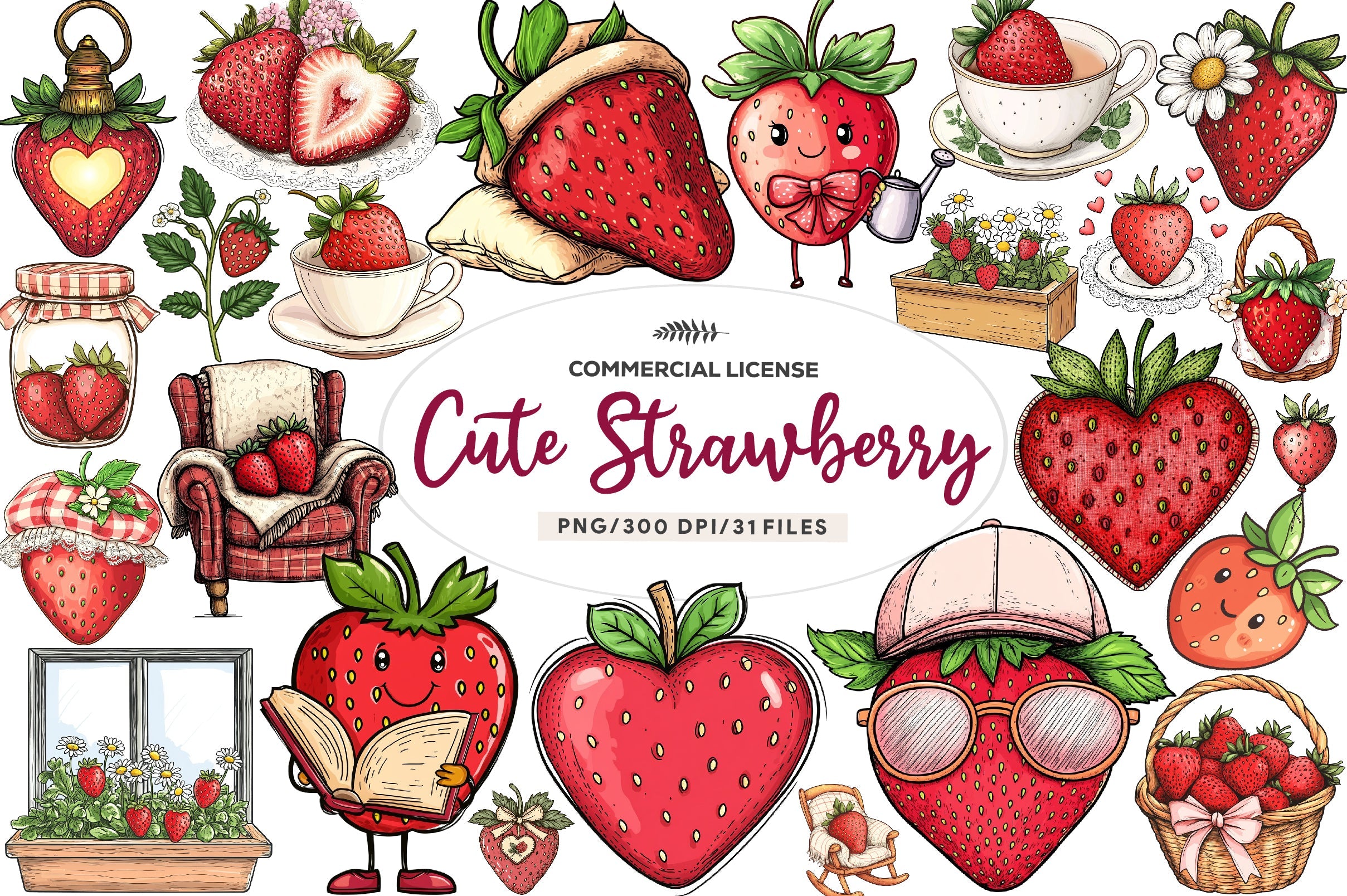 Cute Cottagecore Strawberry Clipart Bundle