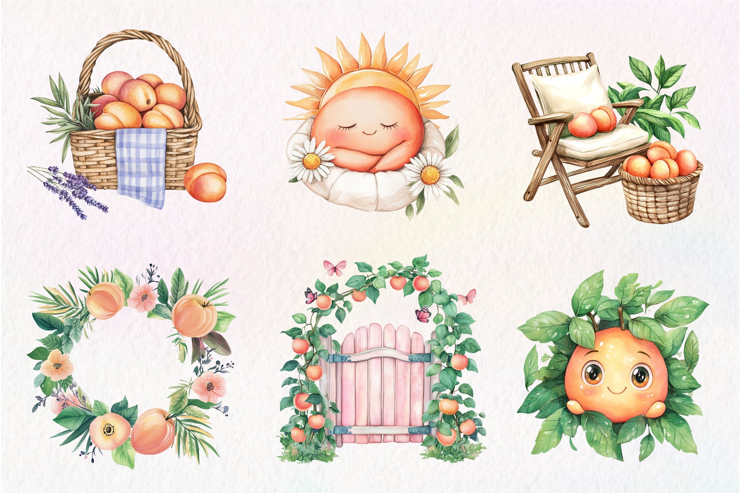 Cute Peaches Garden Fruit Clipart Bundle