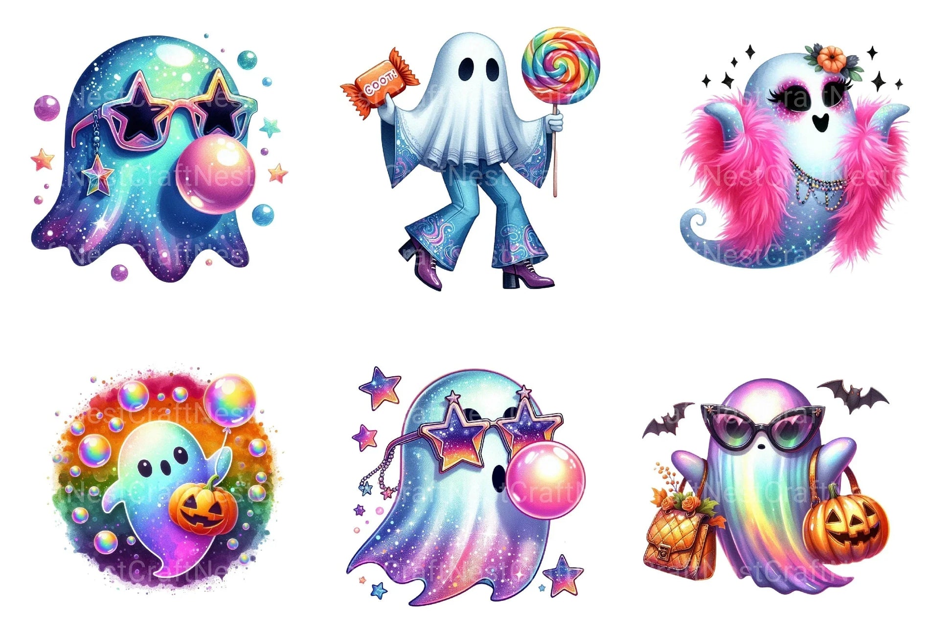 Retro Halloween Iridescent Ghost Clipart Bundle - CraftNest - Digital Crafting and Art