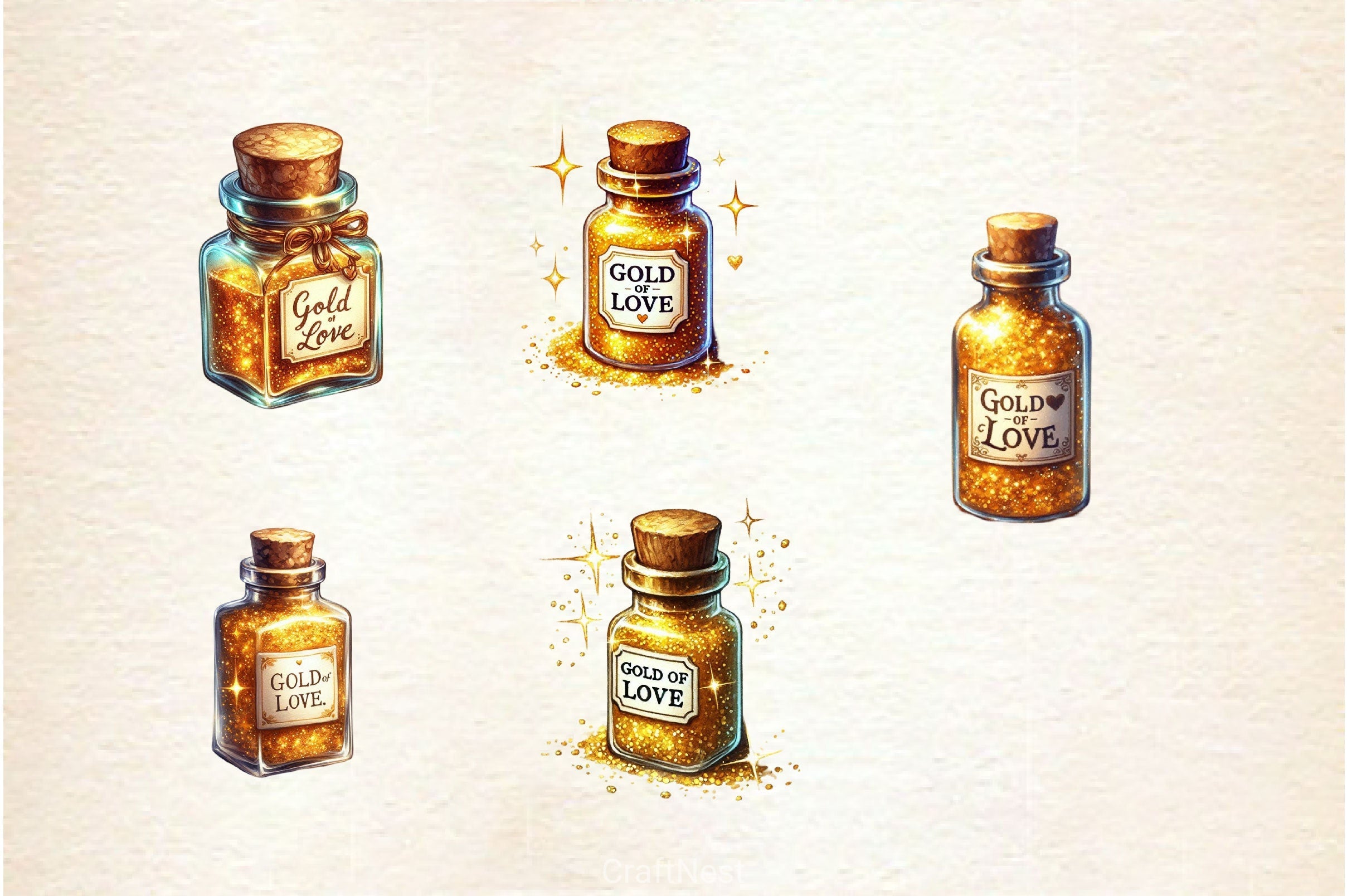 Golden Love Sparkle Bottle Clipart Bundle