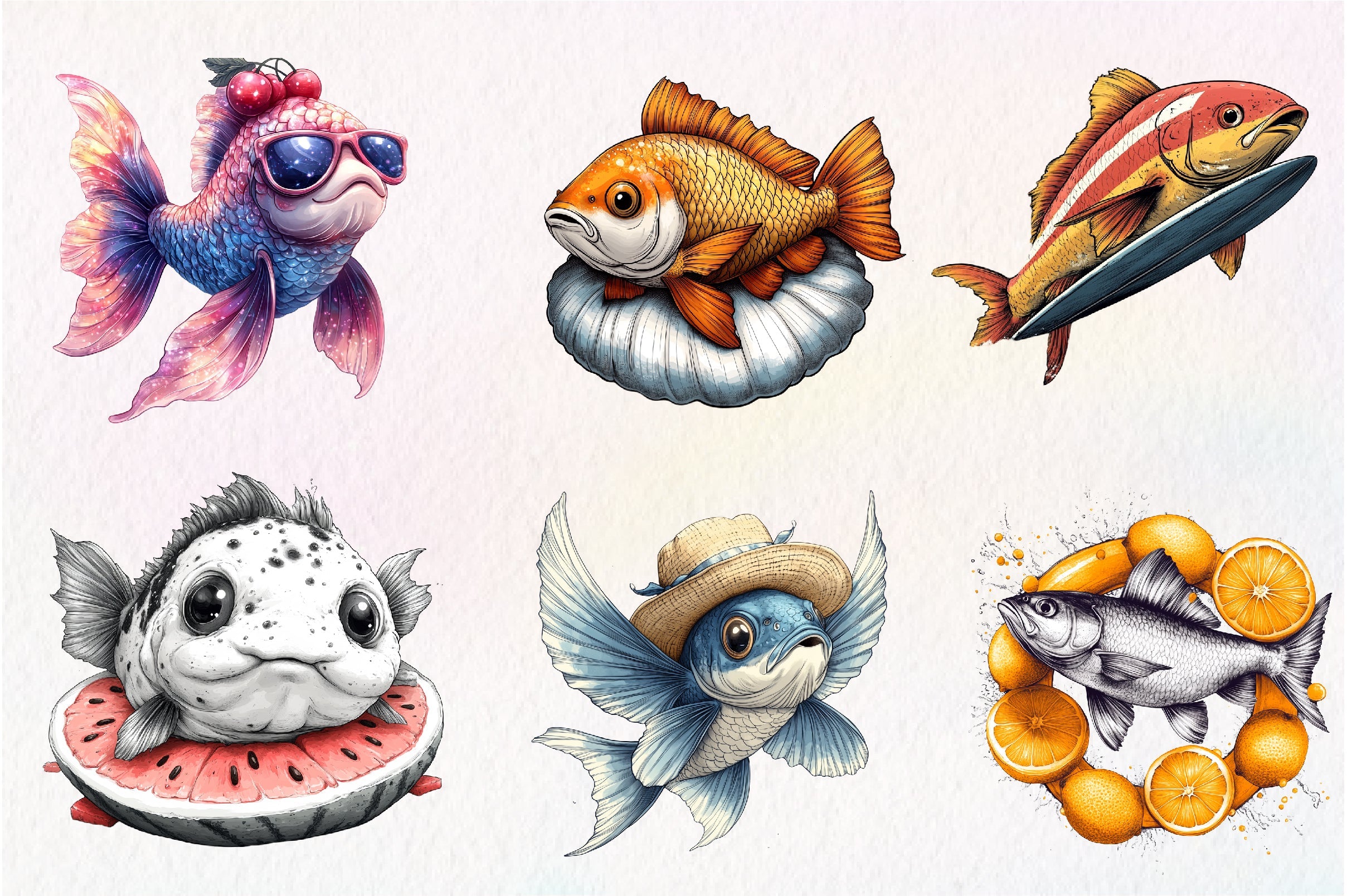 Quirky Whimsical Summer Fishes Clipart Bundle