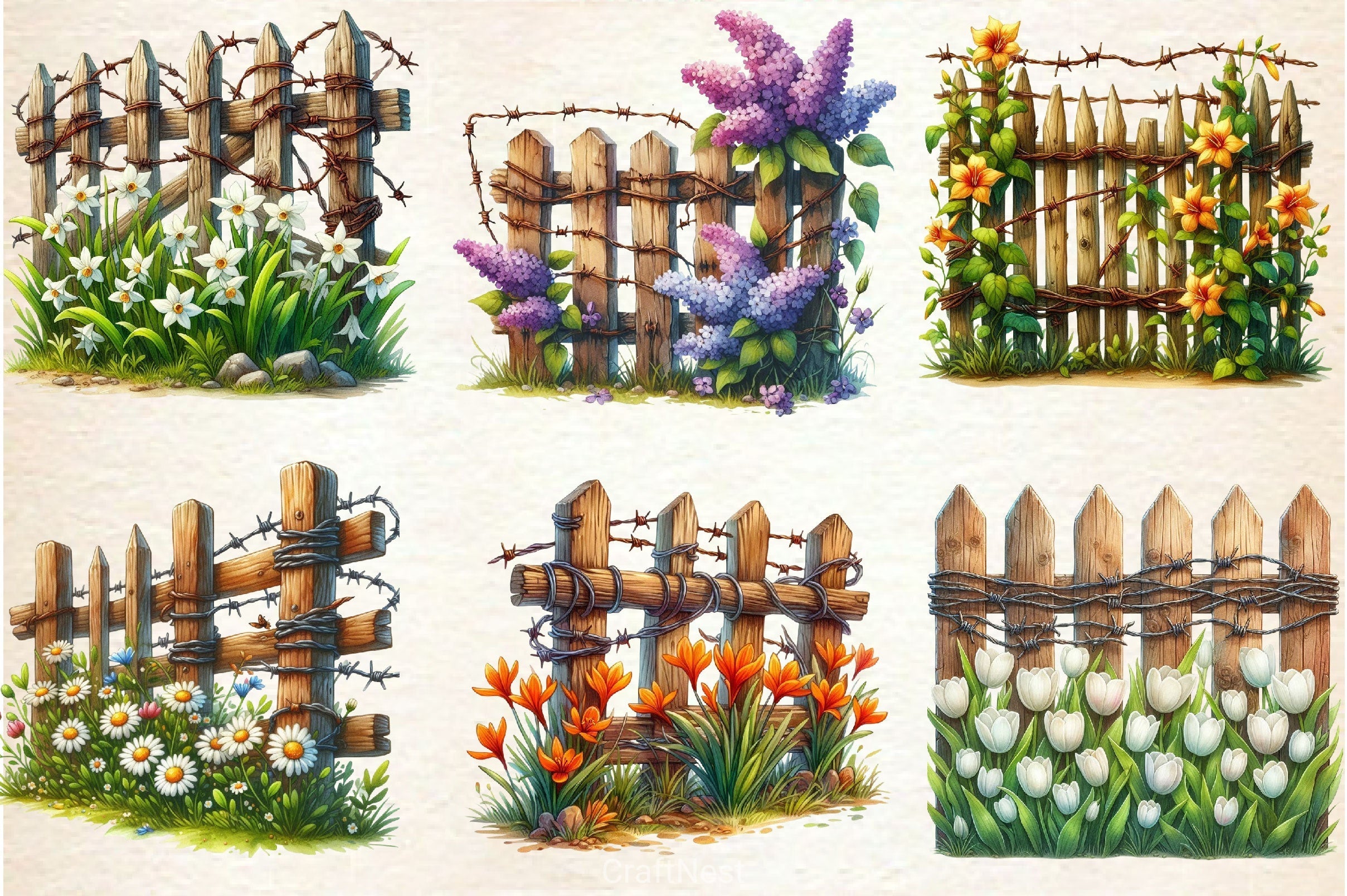 Rustic Fence With Flowers Clipart Bundle