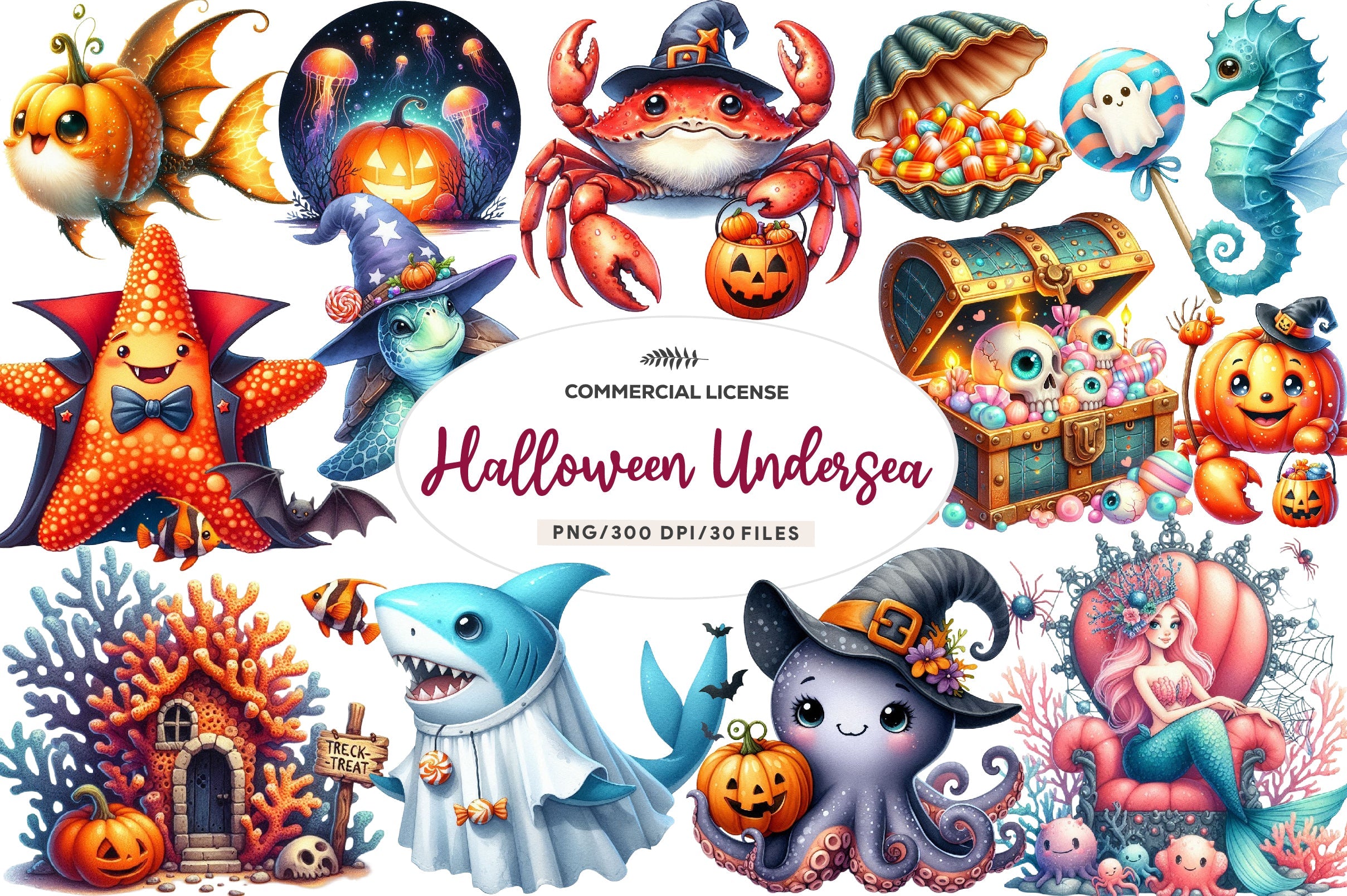 Cute Halloween Undersea Clipart Bundle