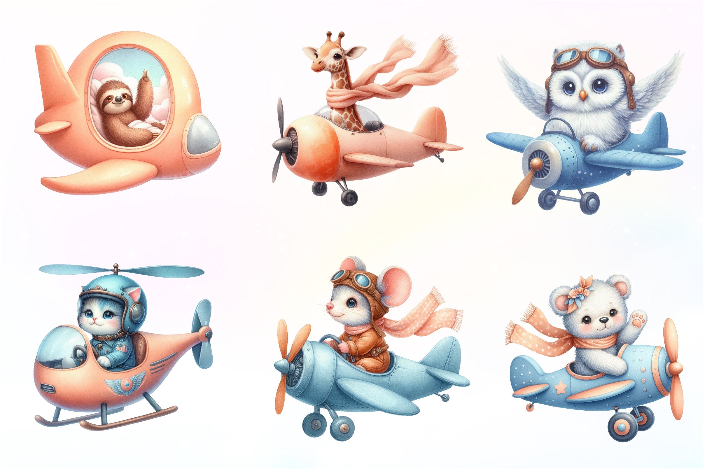 Airplane Cute Animals Clipart Bundle