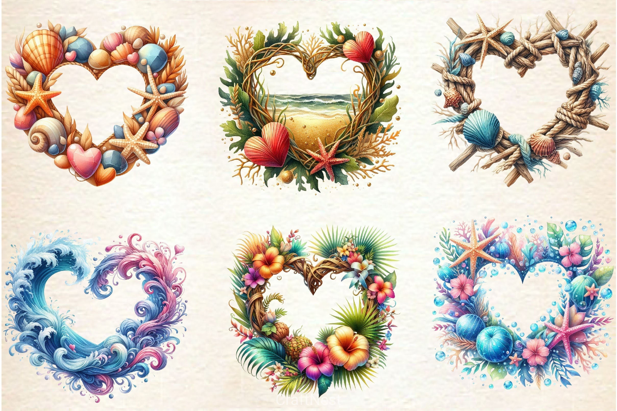 Heart Beach Frame Clipart Bundle
