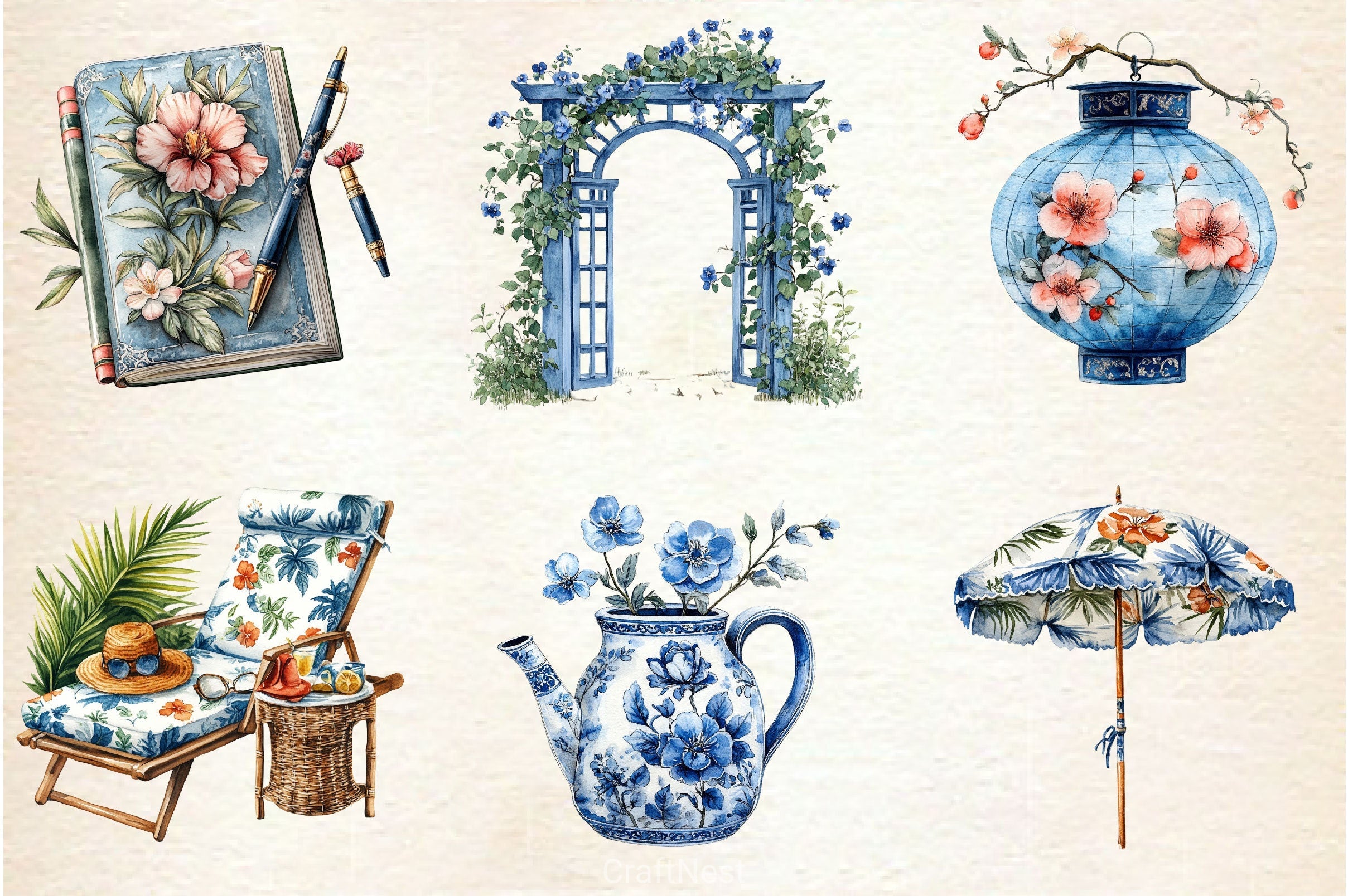 Blue Chinoiserie Summer Clipart Bundle 3