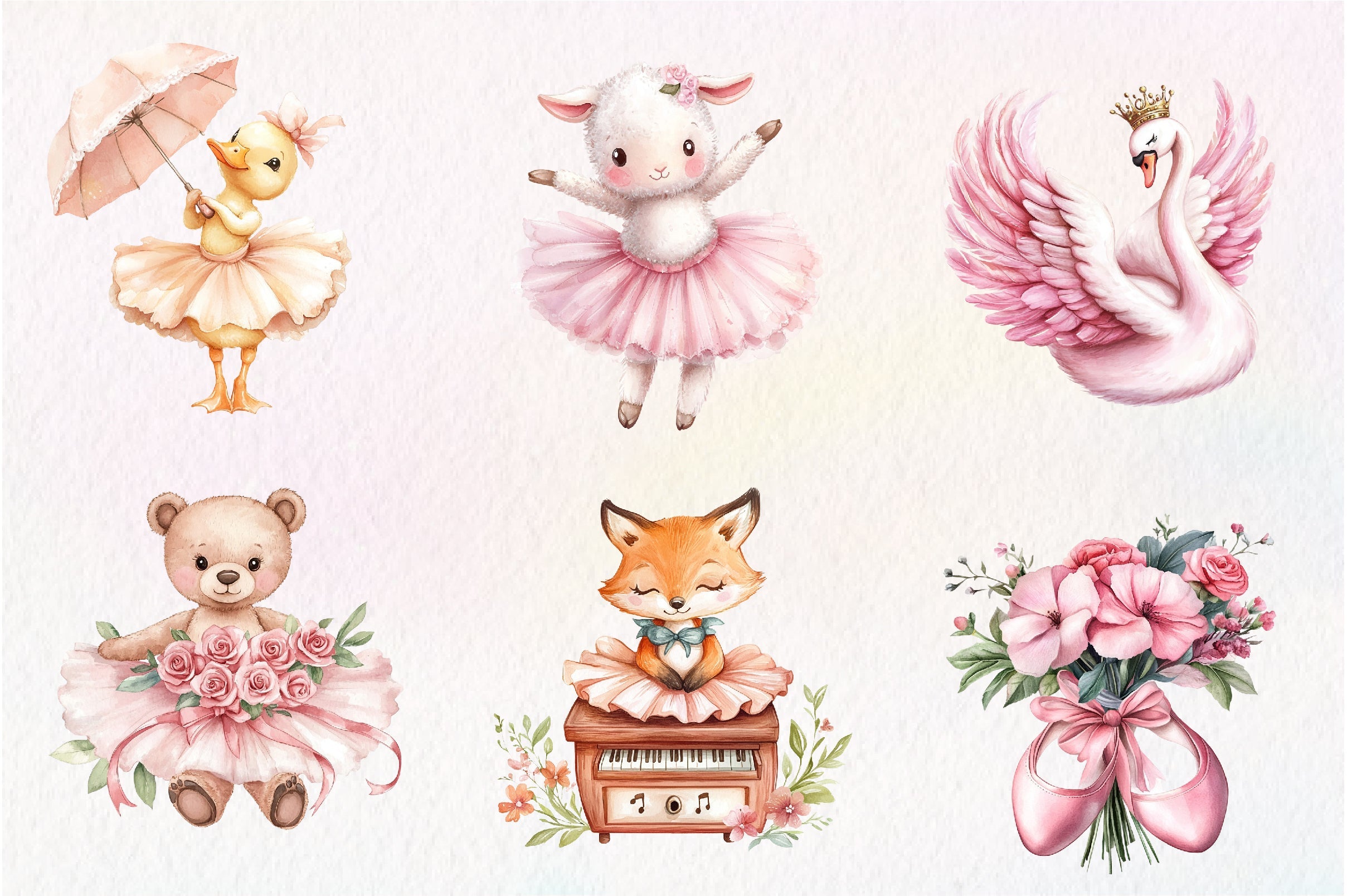 Cute Pink Ballerina Animals Clipart Bundle