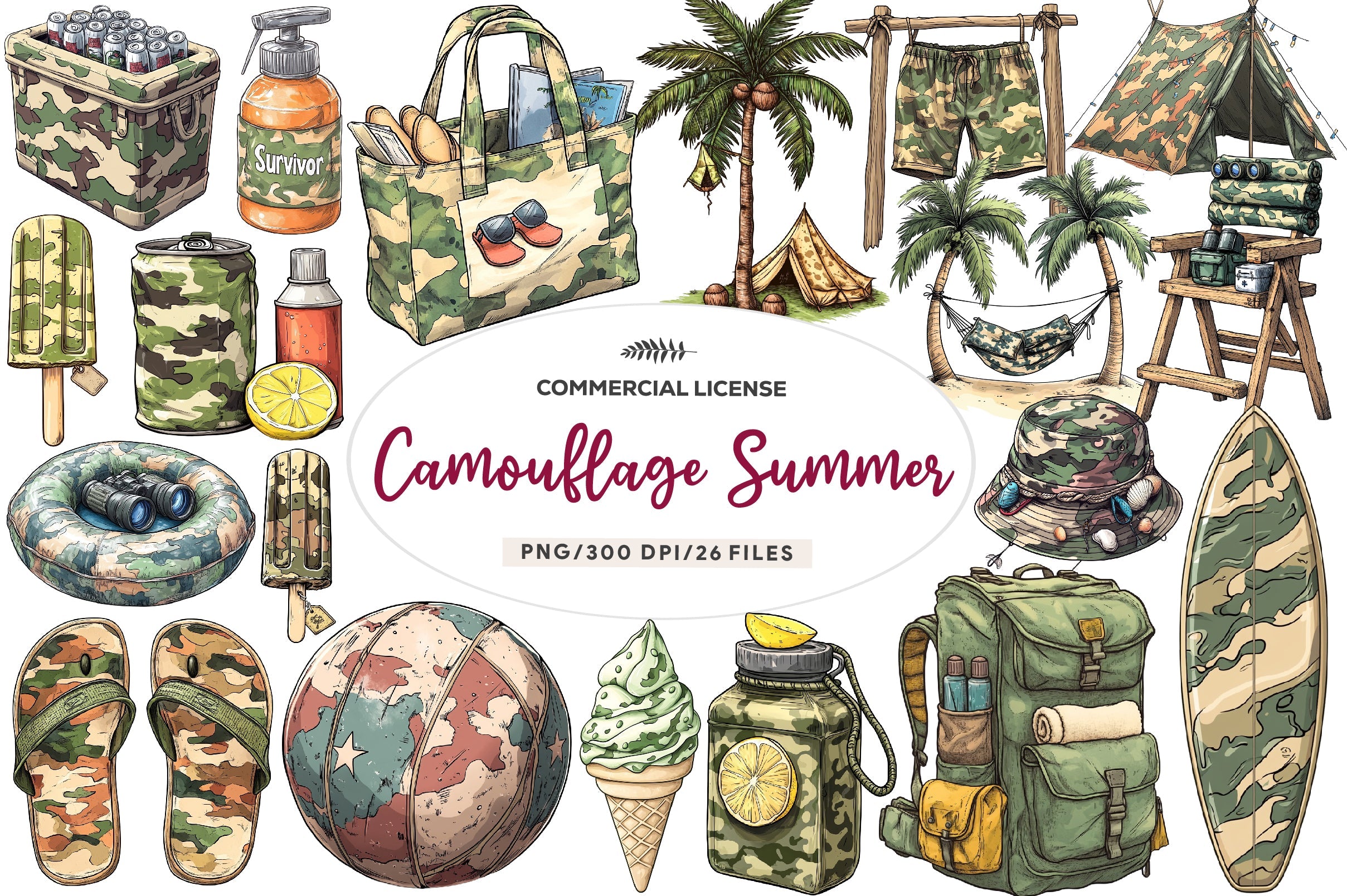 Camouflage Summer Elements Clipart Bundle