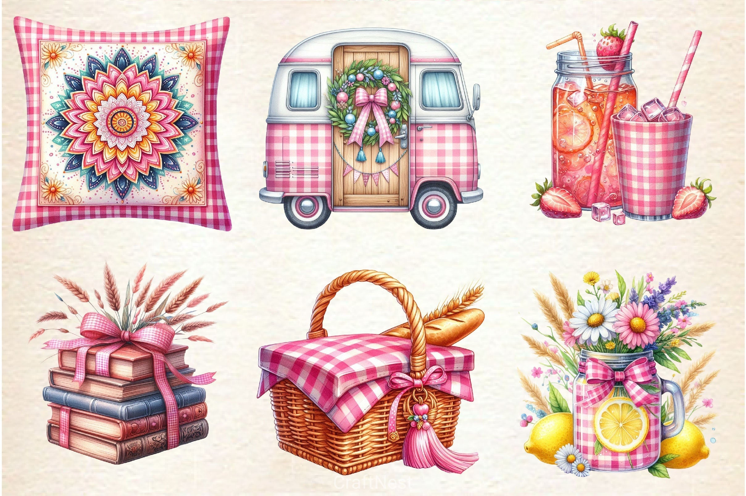 Bohemian Pink Gingham Summer Clipart Bundle 2