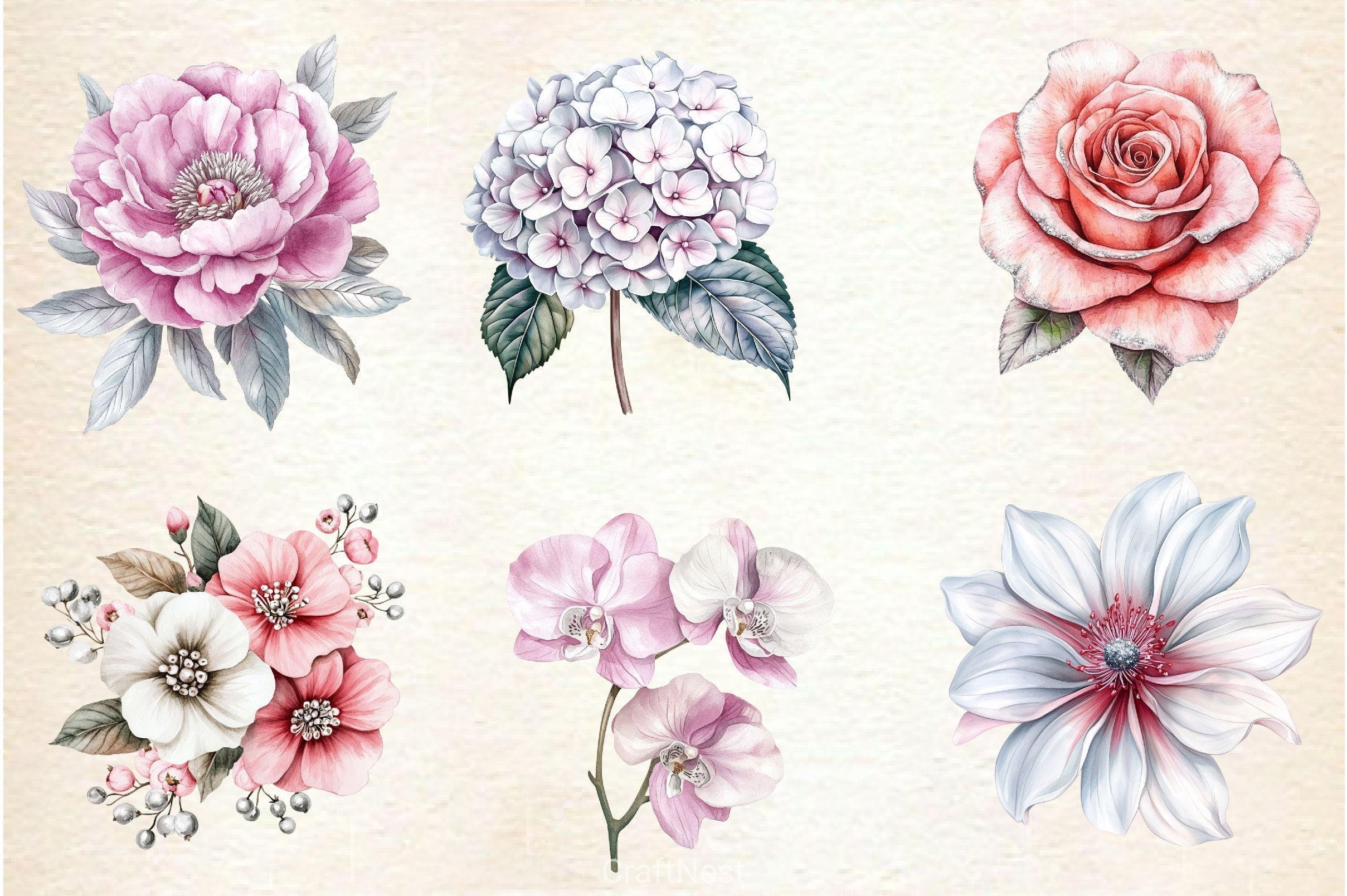 Pink White And Silver Floral Clipart Bundle