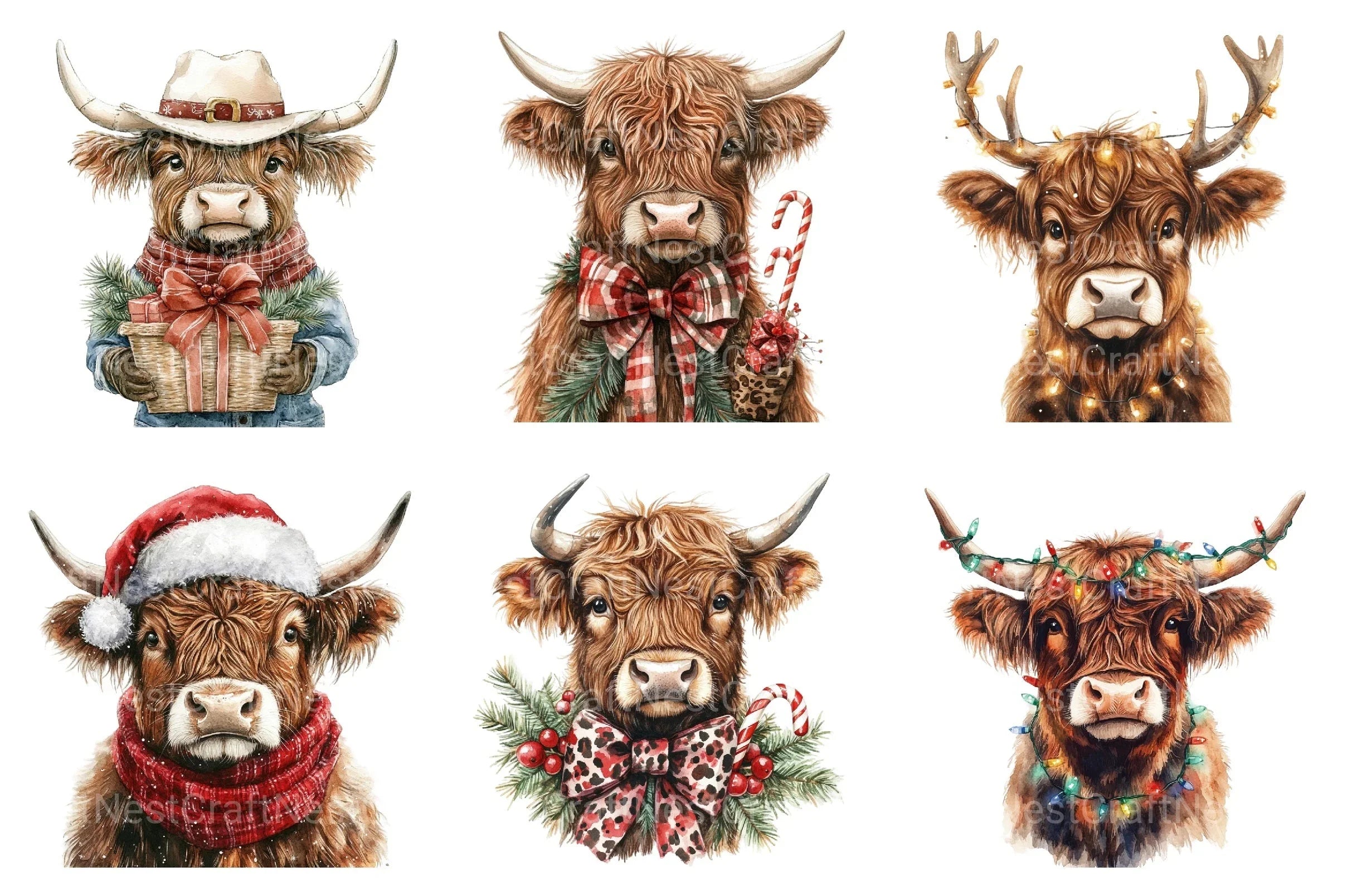 Christmas Highland Cow Clipart Bundle 1 - CraftNest - Digital Crafting and Art