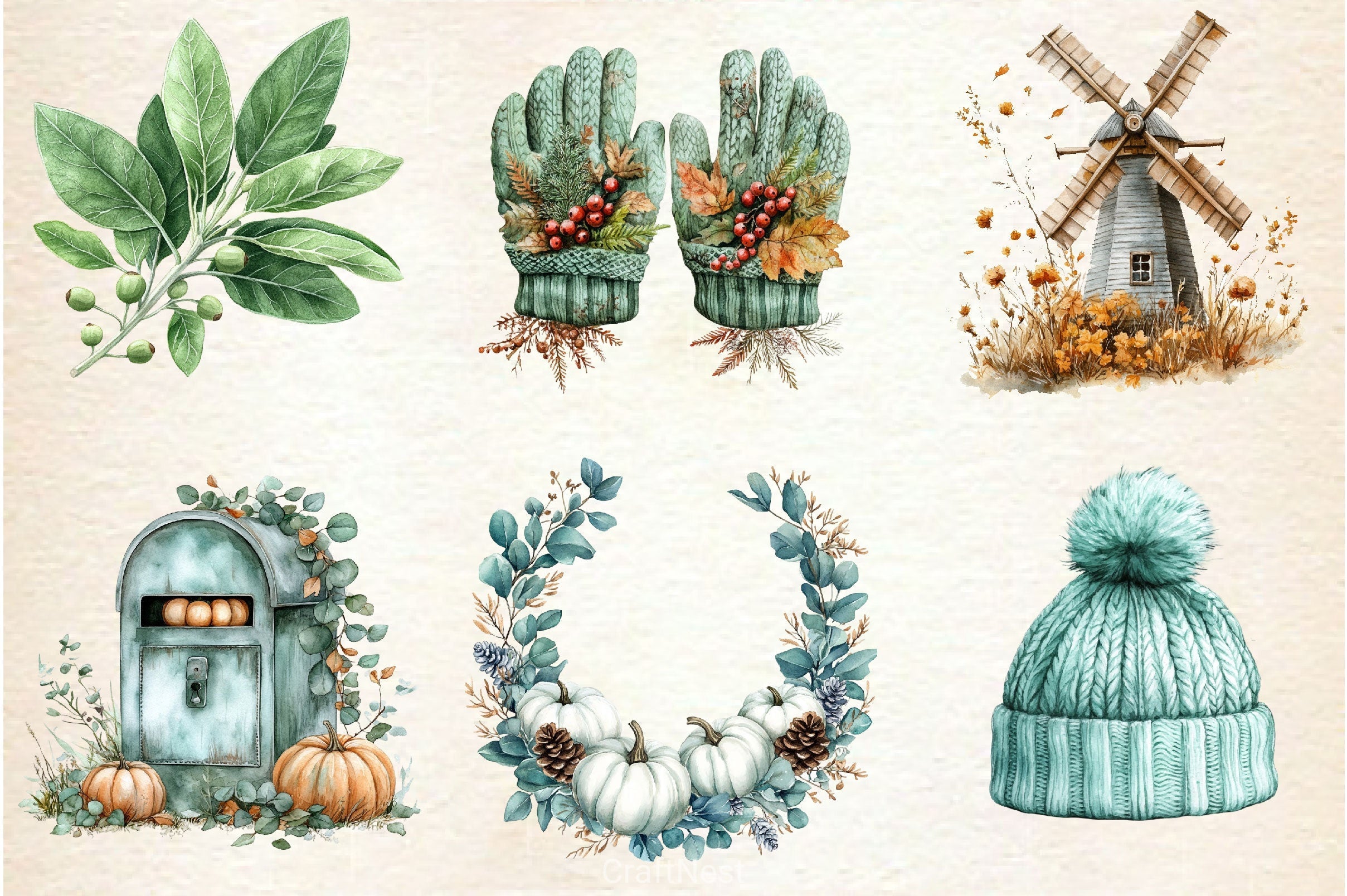 Mint Fresh Green Autumn Clipart Bundle 2