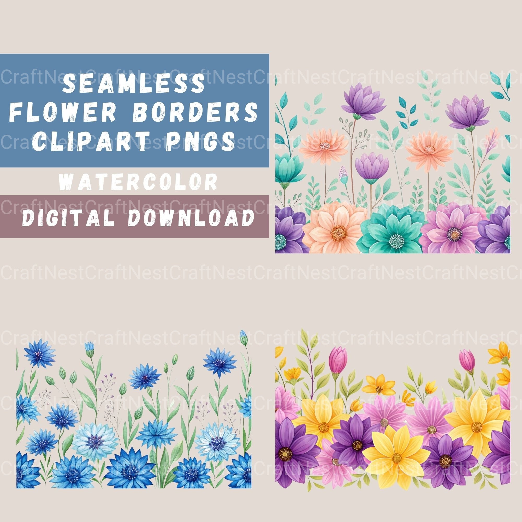 Seamless Flower Border Clipart Bundle