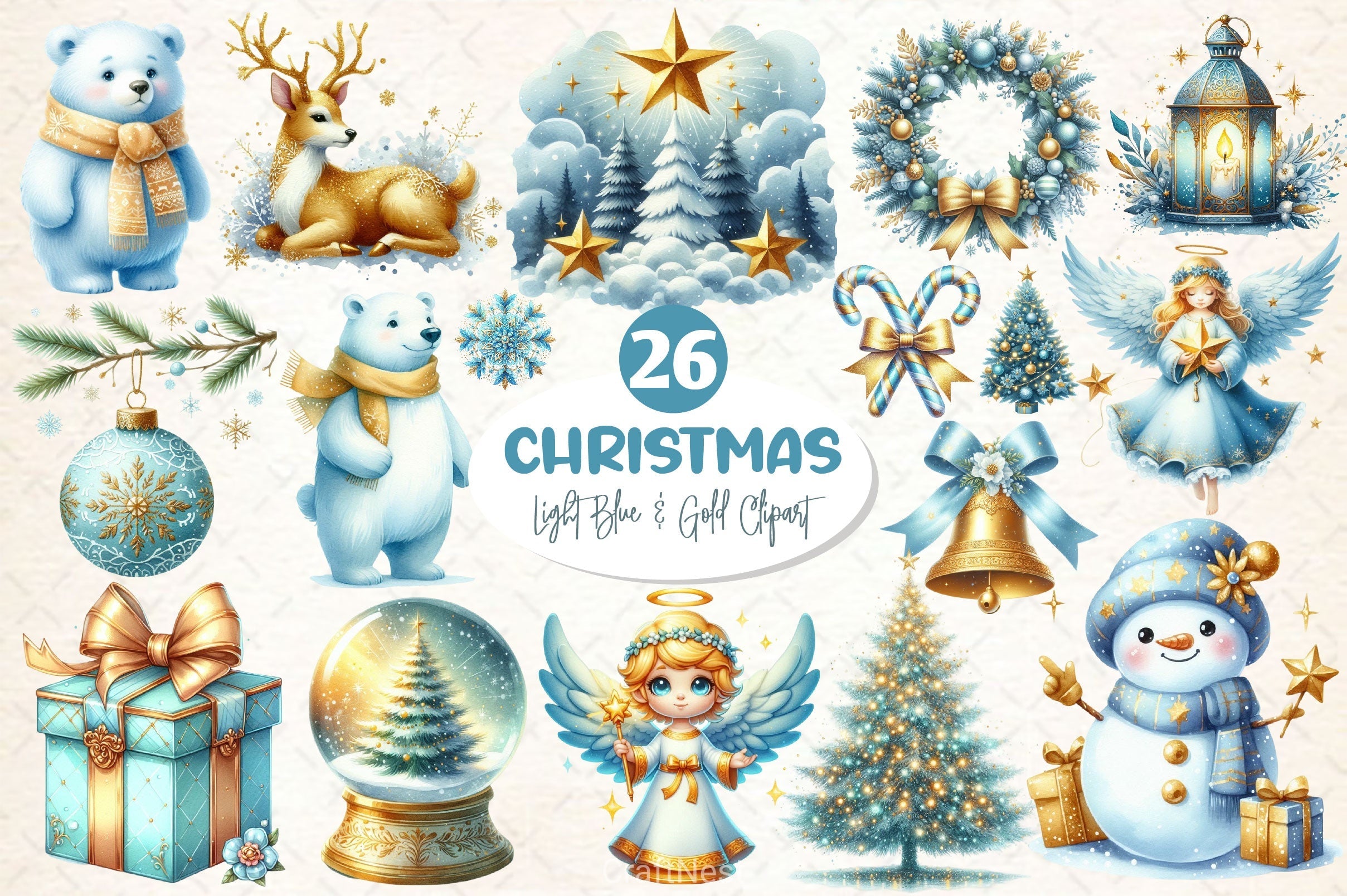 Light Blue Gold Christmas Clipart Bundle 2