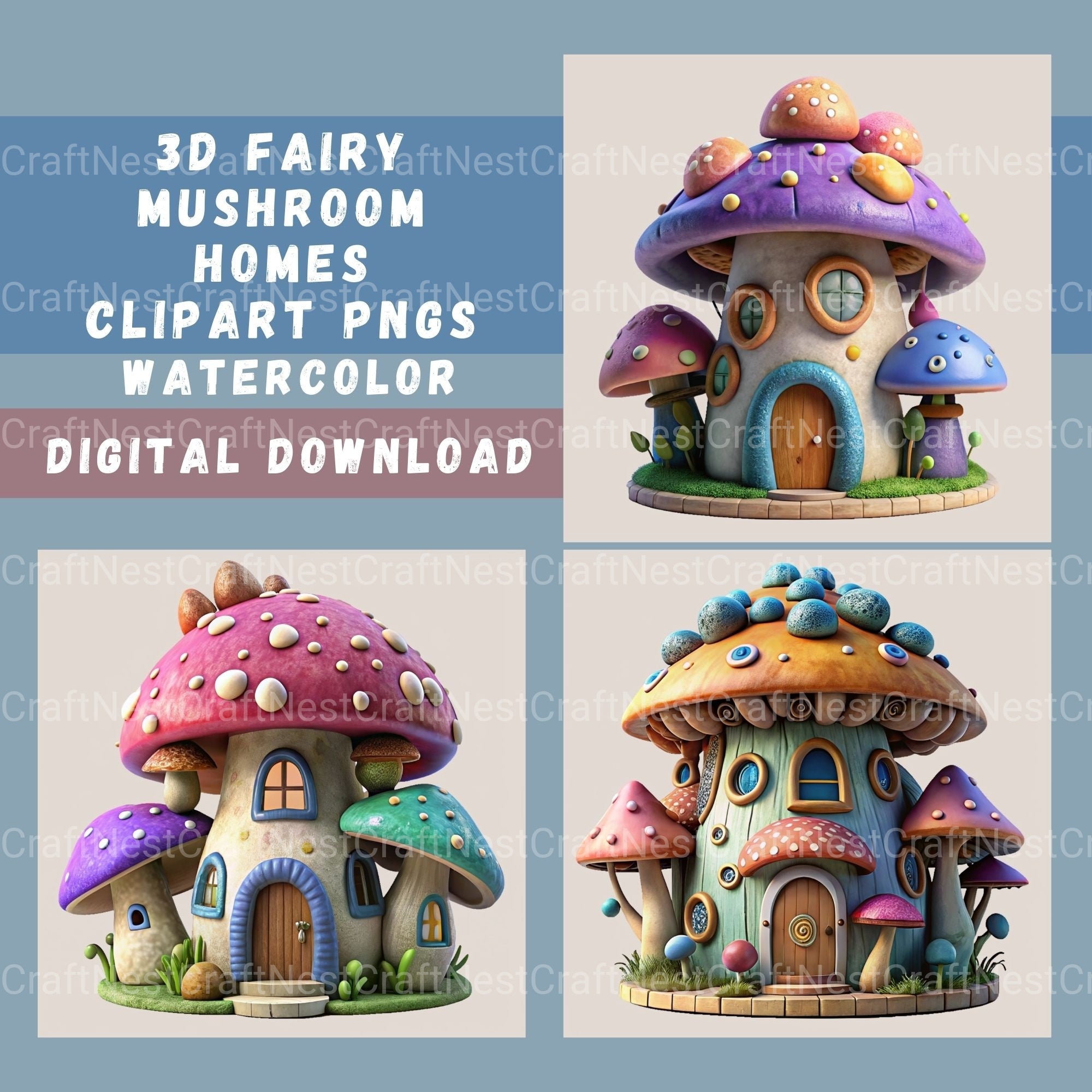 3D Mushroom Houses Clipart Bundle