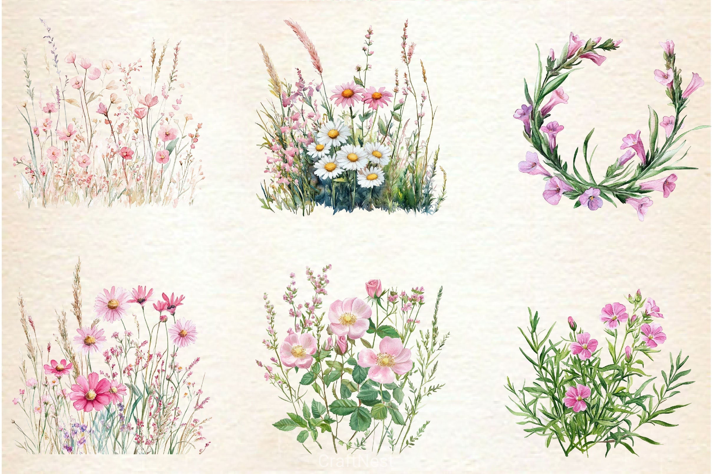 Pink Summer Meadow Clipart Bundle 2