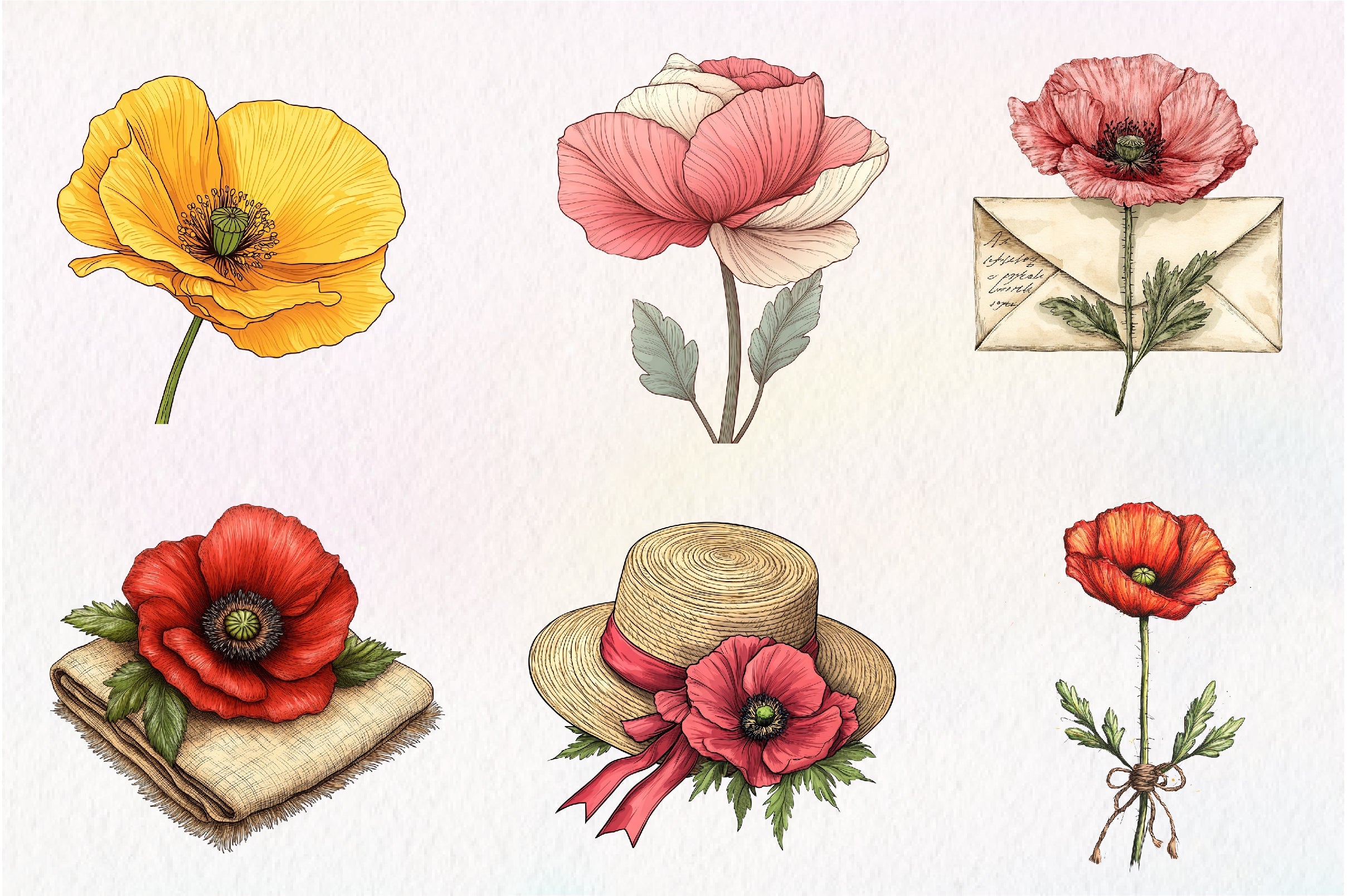 Summer Poppy Flowers Clipart Bundle