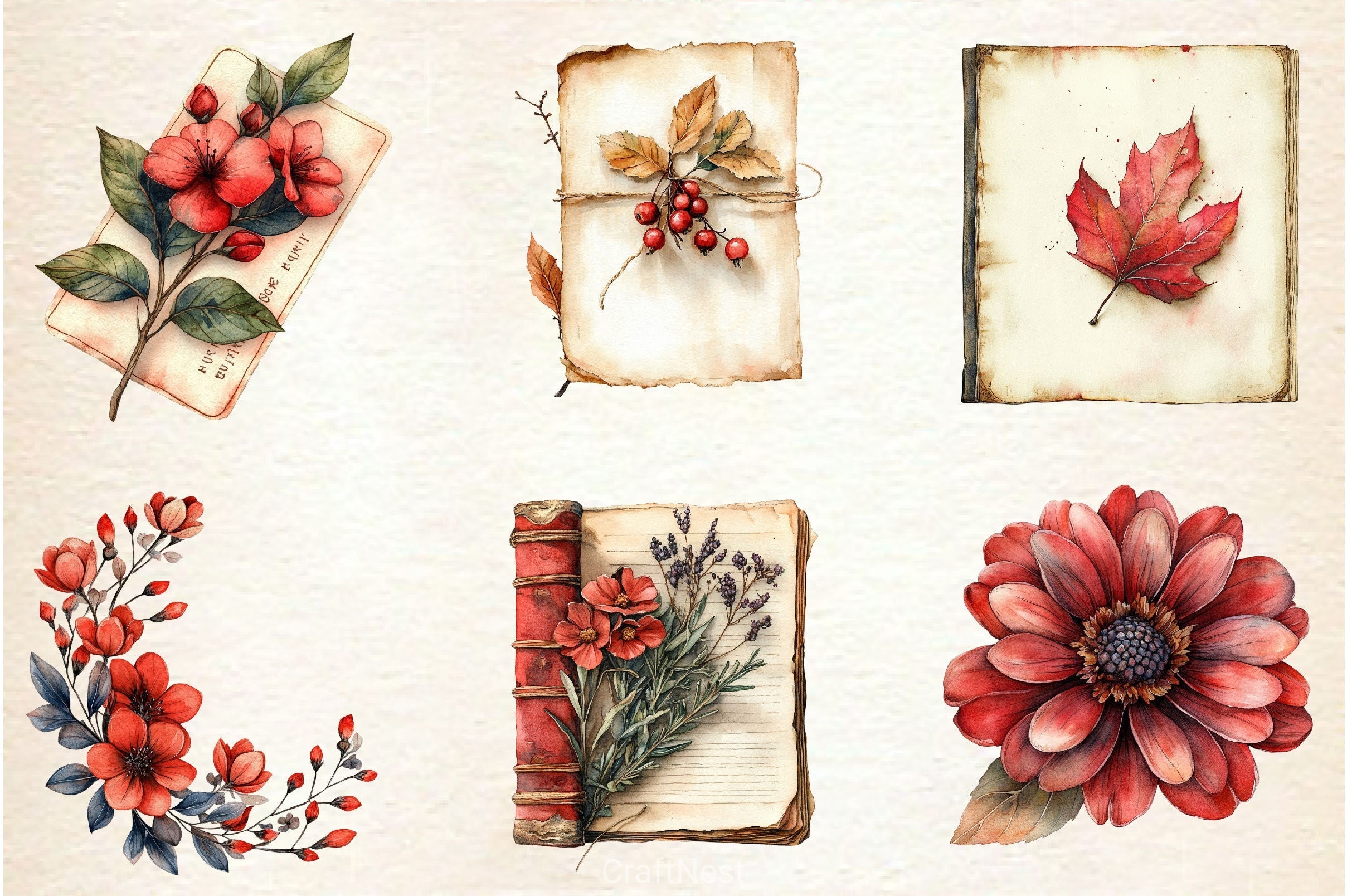 Red Vintage Fall Ephemera Clipart Bundle 2