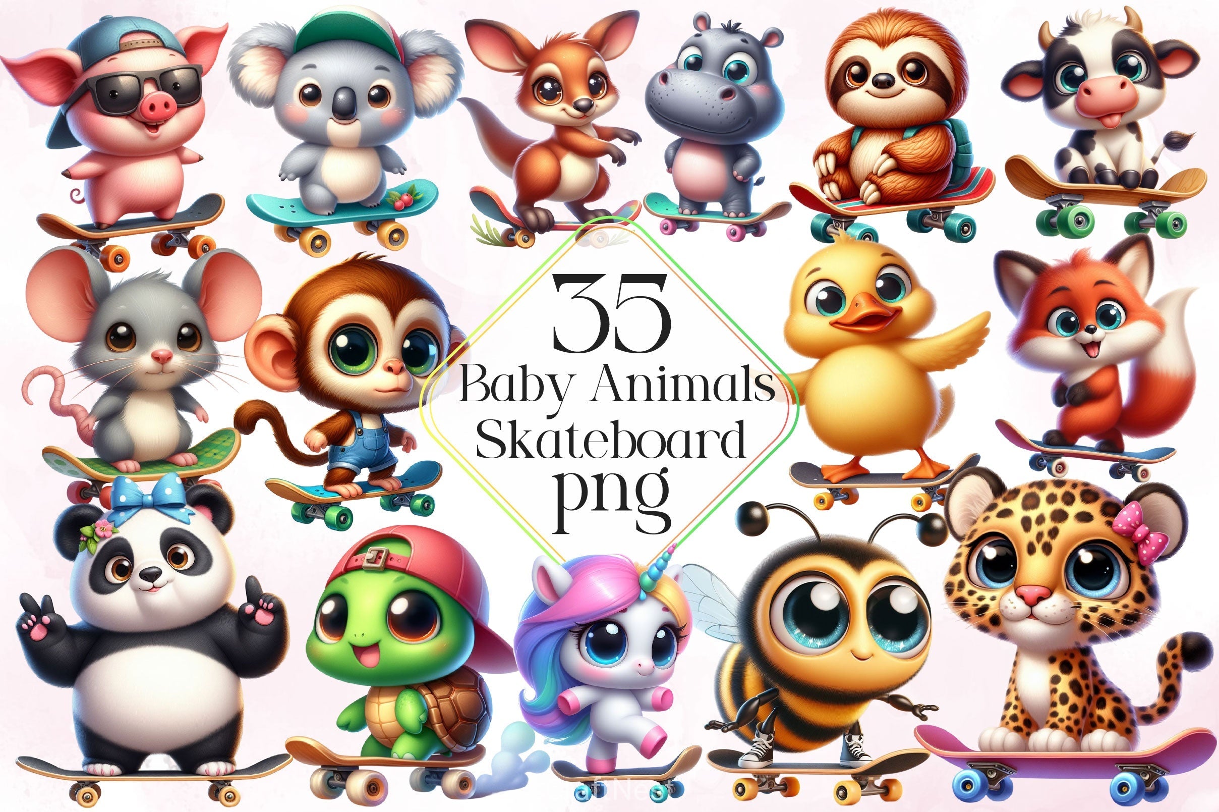 Cute Baby Animals Skateboard Clipart Bundle