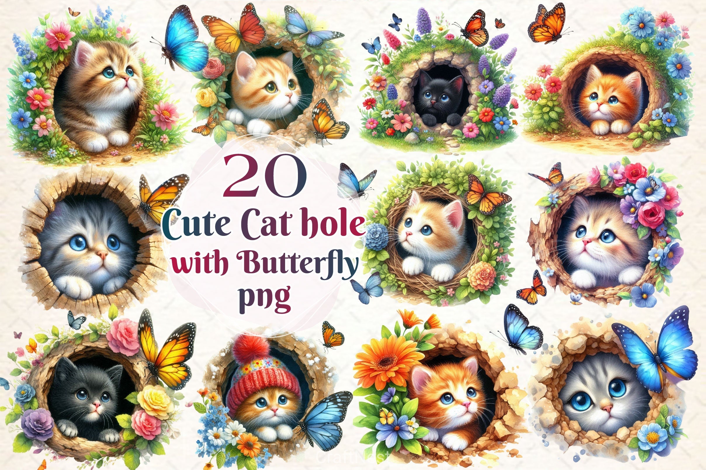 Peeking Cute Cat Hole With Butterflies Clipart Bundle
