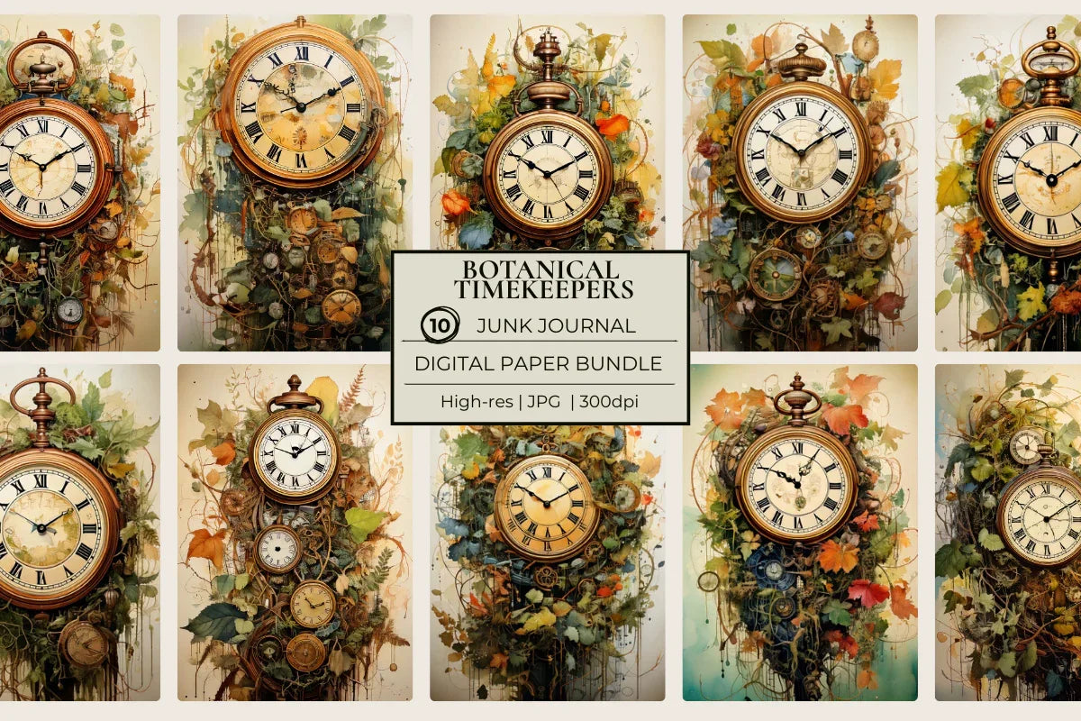 Botanical Timekeepers Junk Journal Papers - CraftNest - Digital Crafting and Art