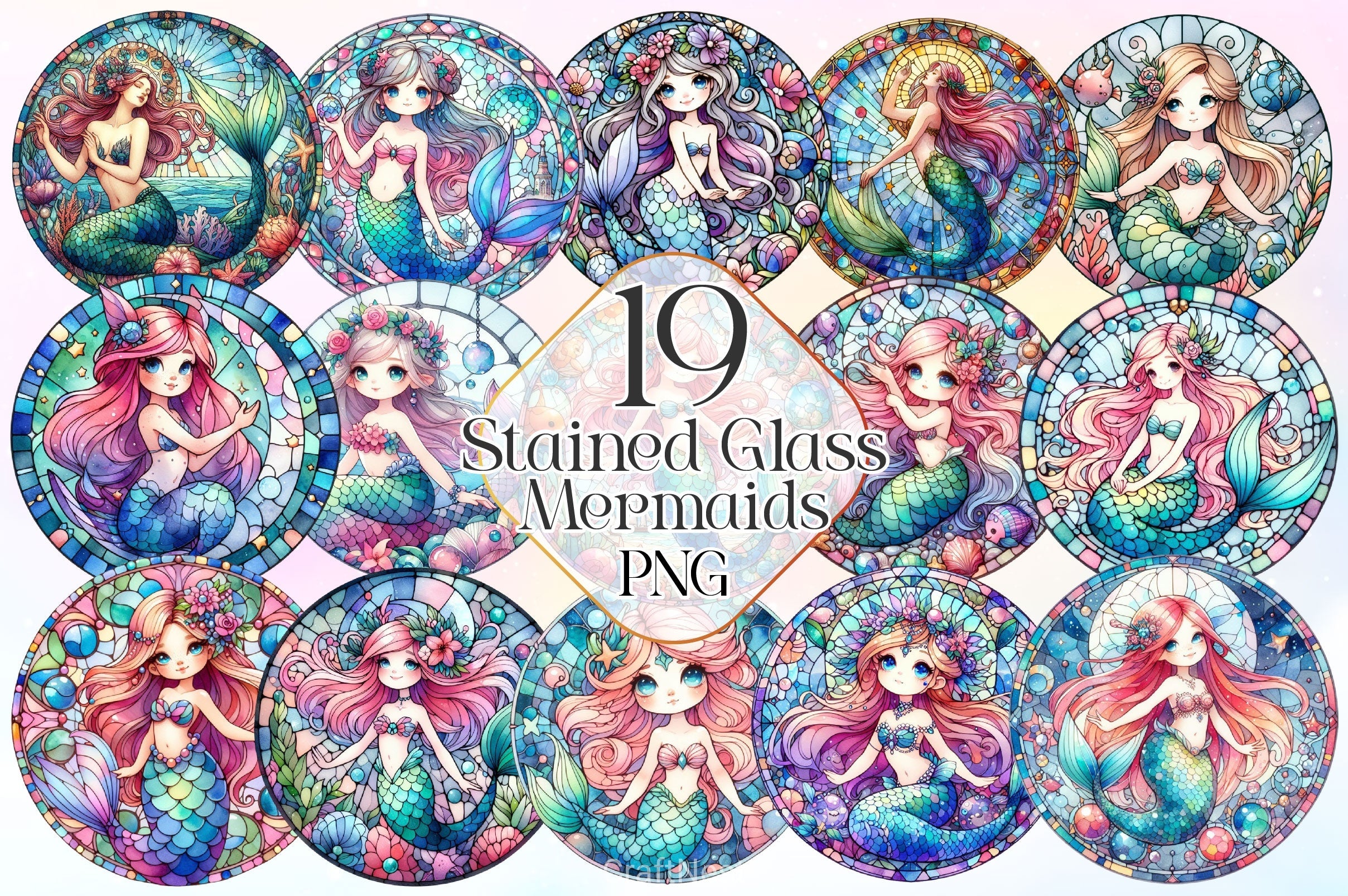 Stained Glass Mermaid Wind Spinner Clipart Bundle