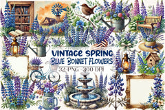 Vintage Blue Bonnet Flowers Clipart Bundle - CraftNest - Digital Crafting and Art