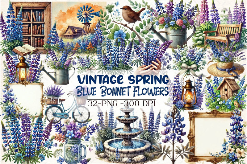 Vintage Blue Bonnet Flowers Clipart Bundle - CraftNest - Digital Crafting and Art