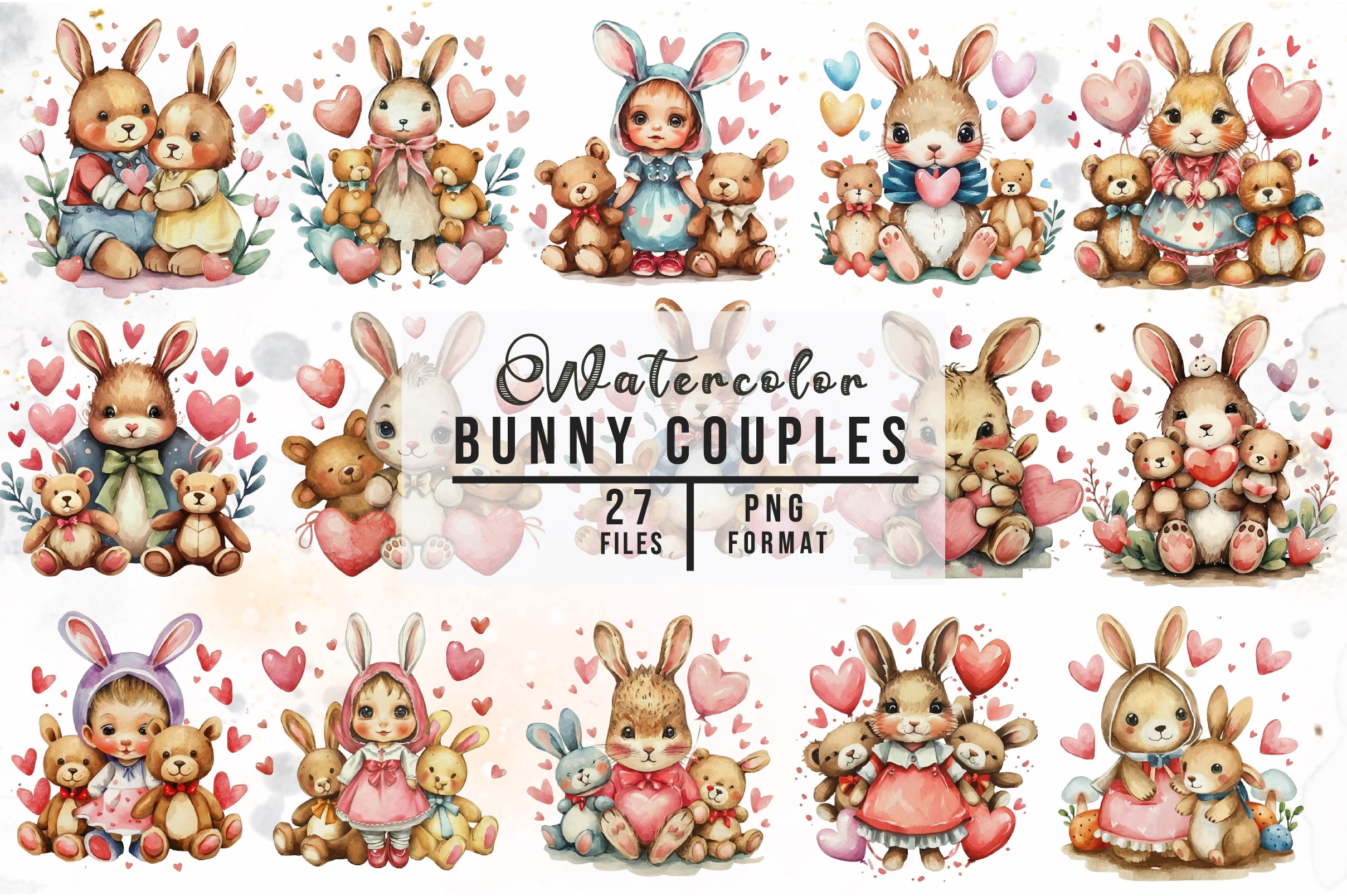 Watercolour Bunny Couples Clipart Bundle
