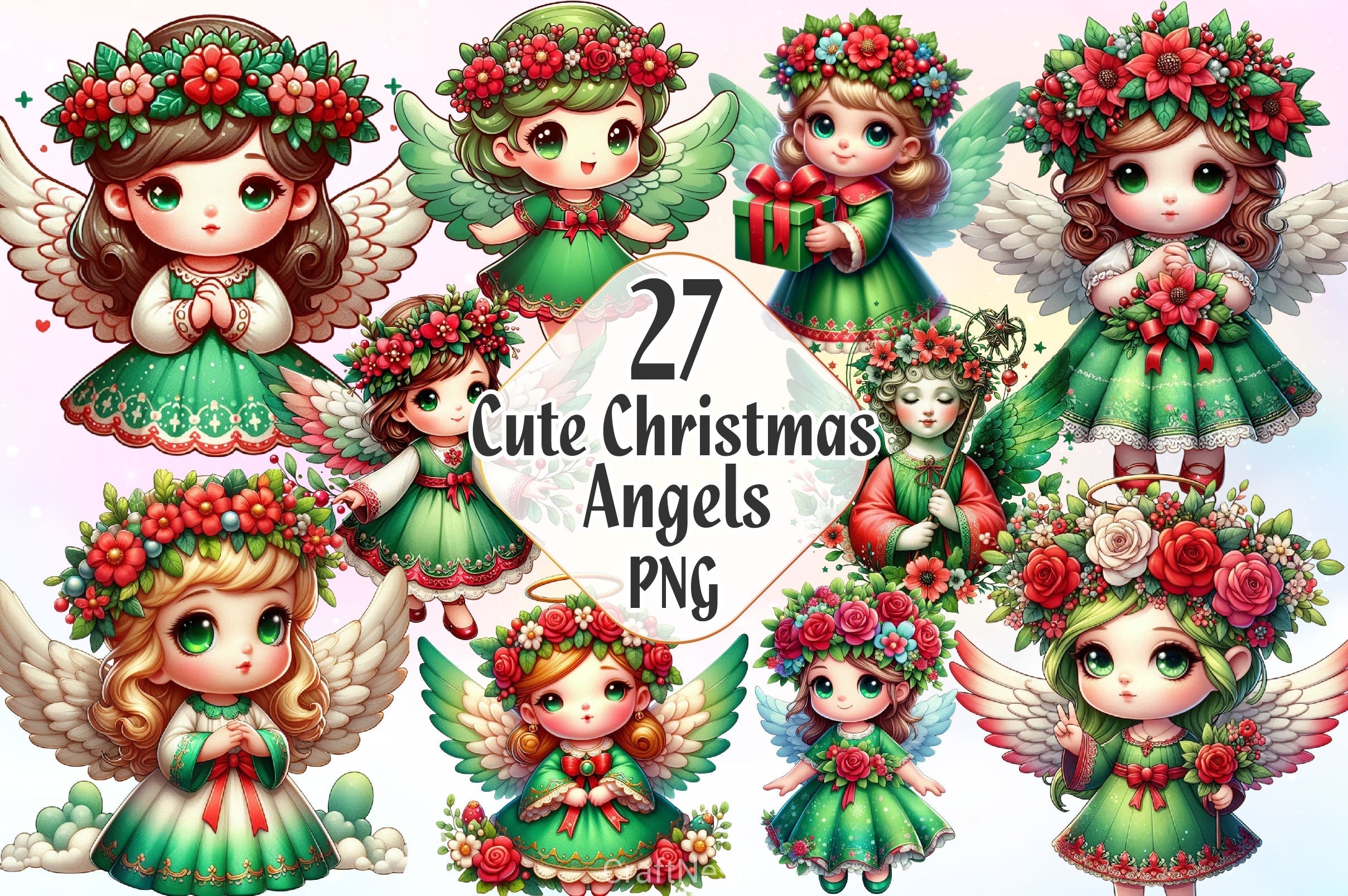 Cute Christmas Angels Clipart Bundle