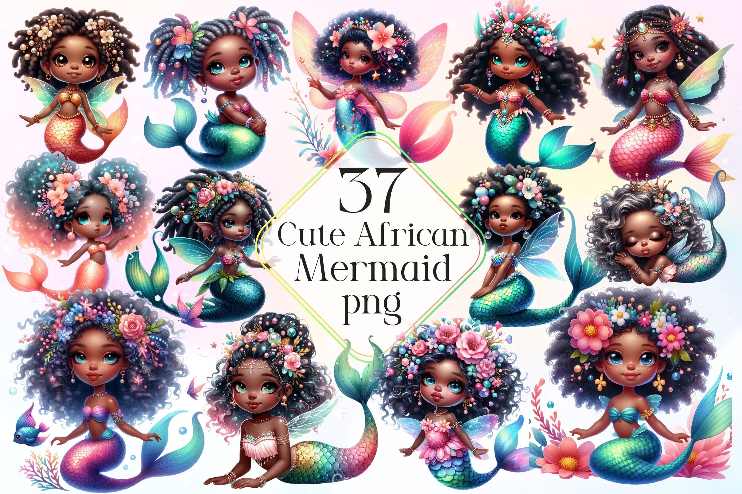 Cute African Mermaid Clipart Bundle