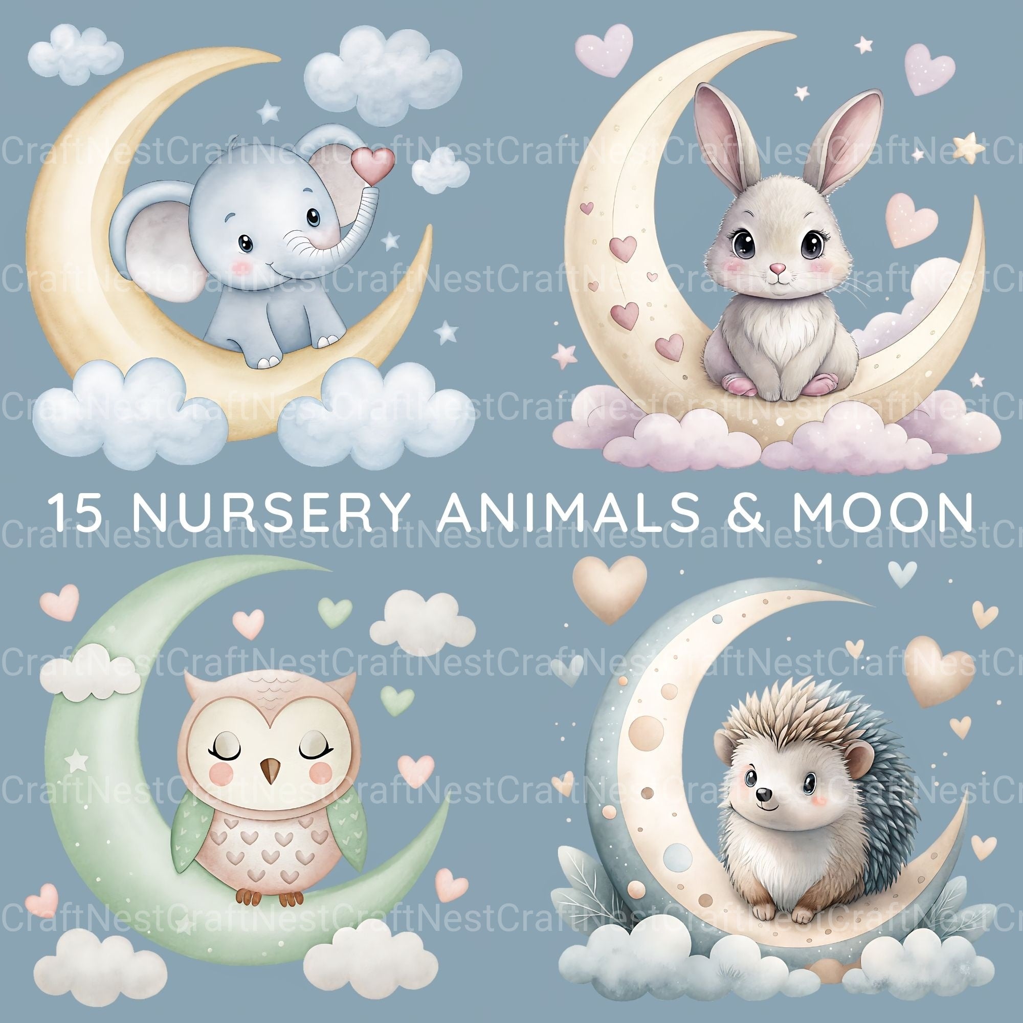 Nursery Animals Crescent Moon Clipart Bundle